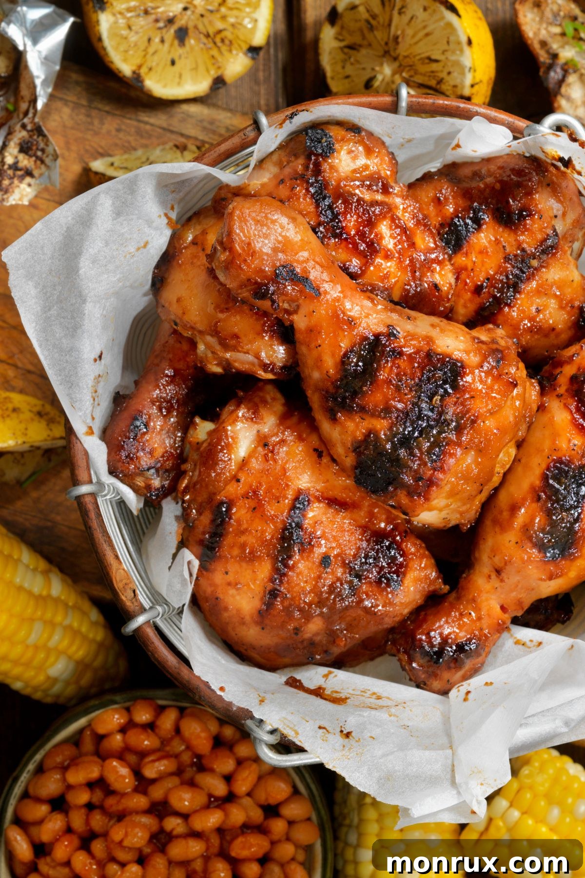 A bowl of BBQ chicken surrounded by corn and beans, showcasing a complete meal.