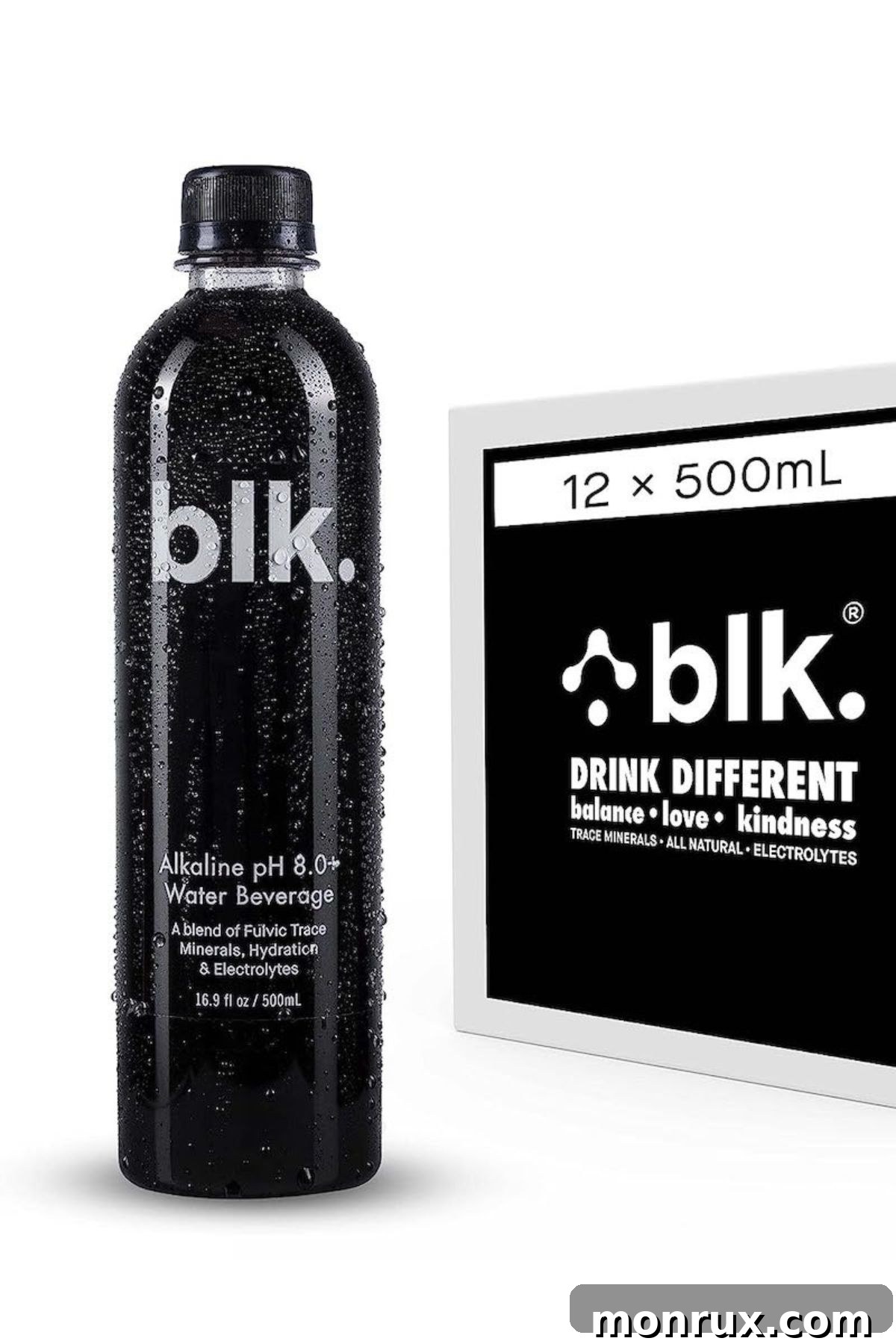 A sleek bottle of Blk Water stands beside a carton of twelve, highlighting its unique dark color against a neutral background.