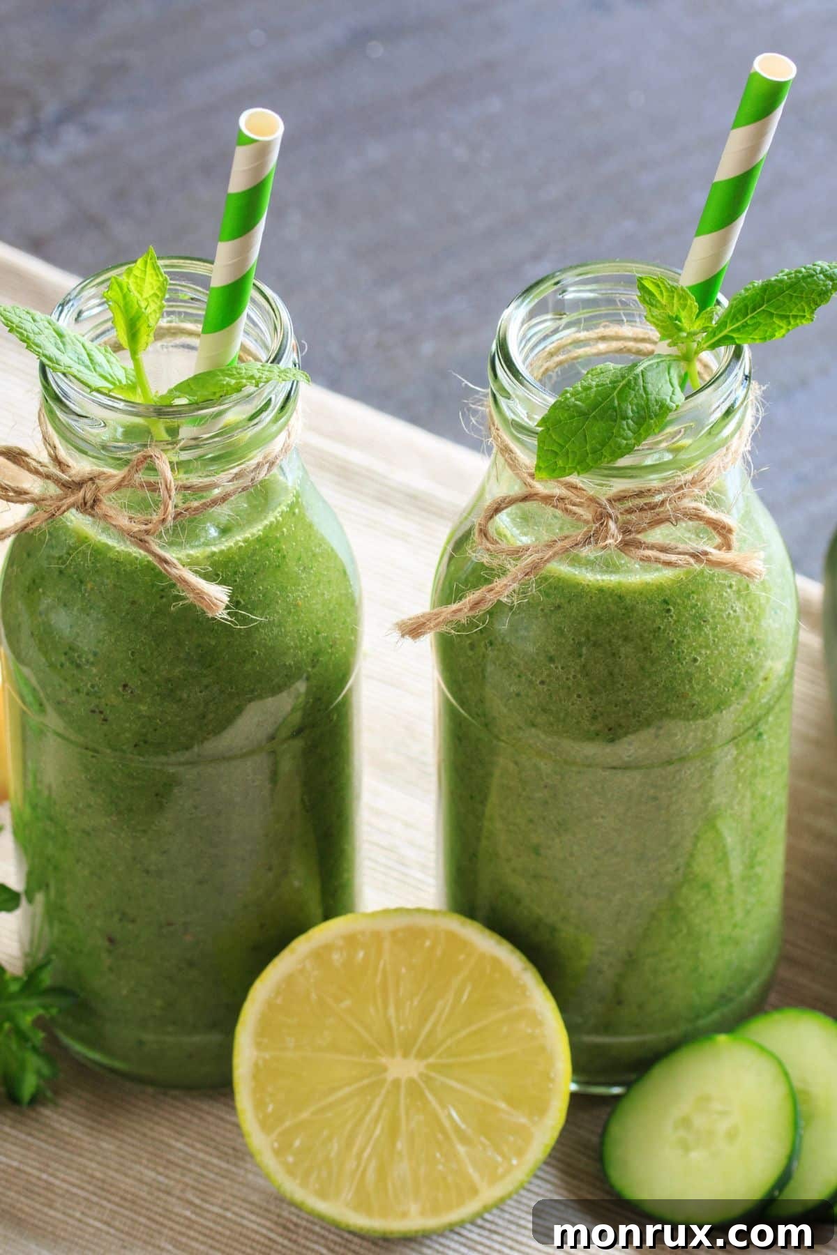 Two vibrant belly fat loss smoothies, one green and one red, garnished with fresh fruit, on a rustic wooden table, suggesting health and freshness.