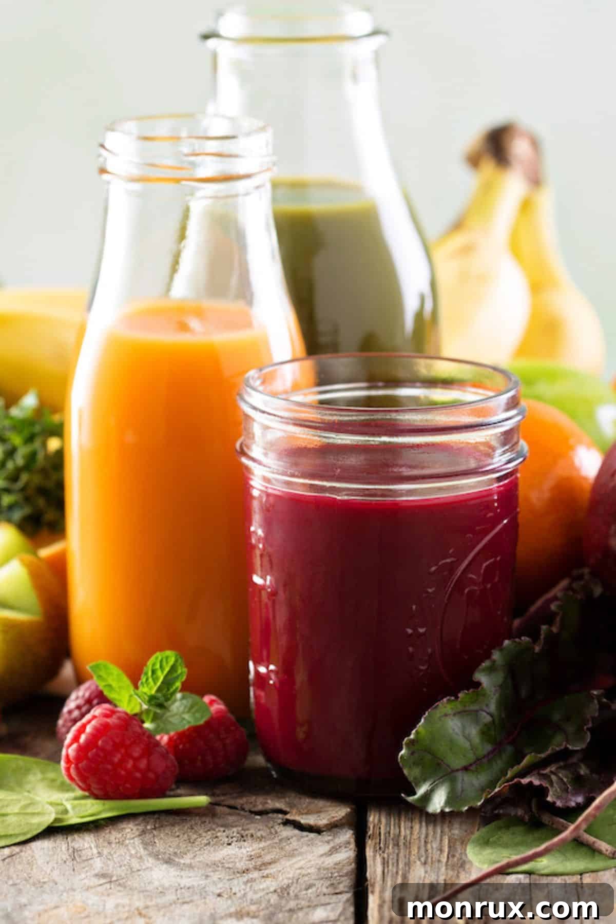 Three jars filled with colorful anti-inflammatory juice recipes, showcasing vibrant hues of green, red, and orange.