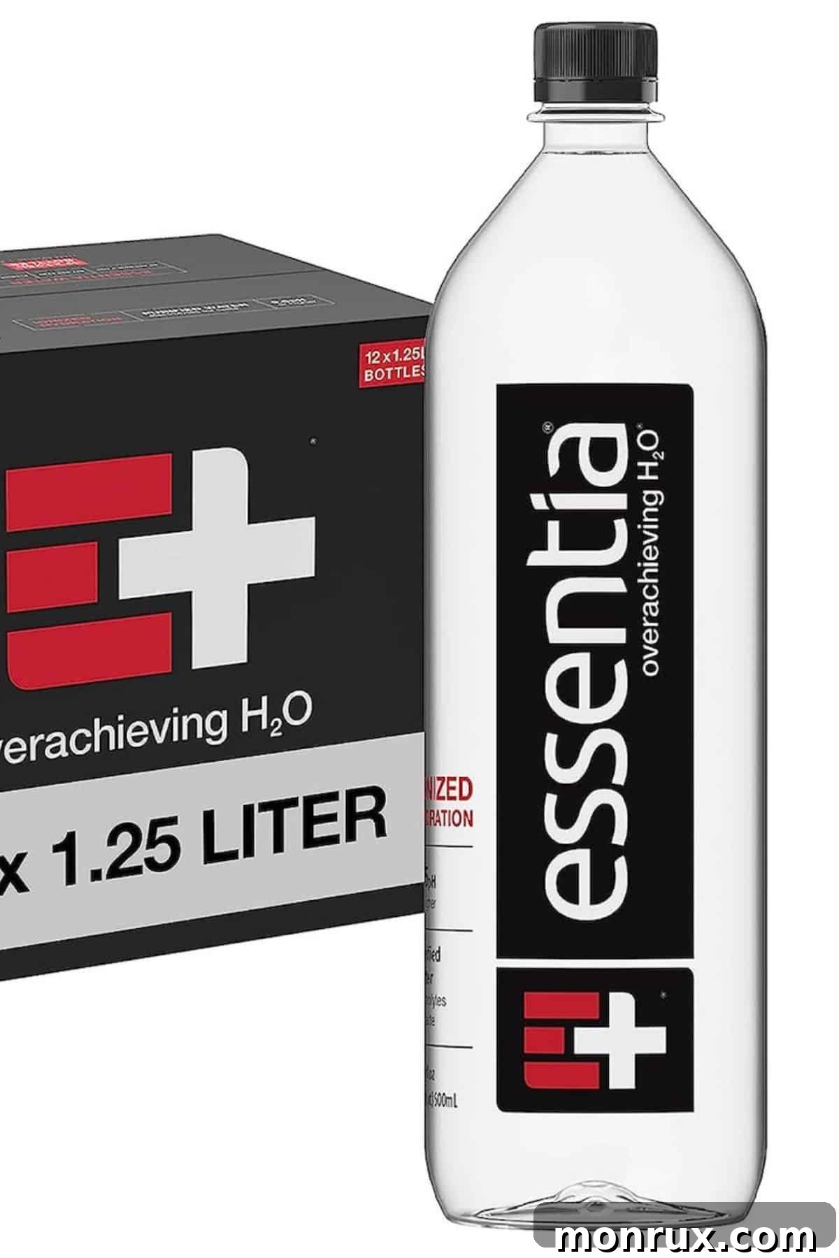 A bottle of Essentia Water positioned next to a minimalist box, highlighting its sleek design and premium appeal.