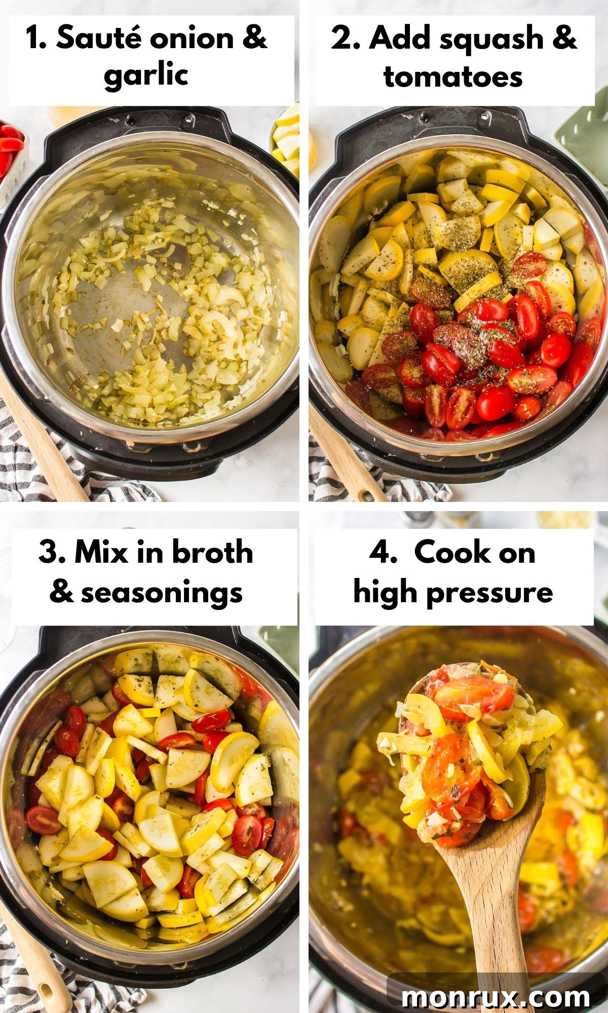 Sequential images demonstrating the cooking process for Instant Pot Yellow Squash and Tomatoes.