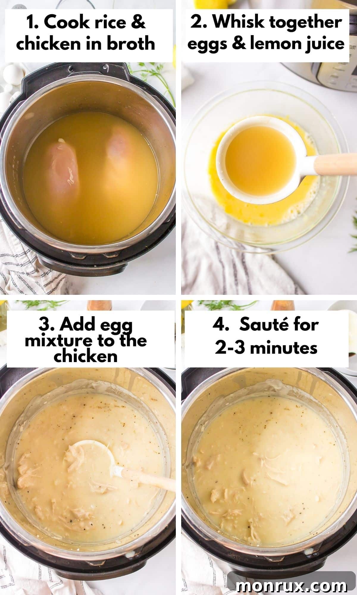 A visual guide showing the process of making avgolemono soup in an Instant Pot.
