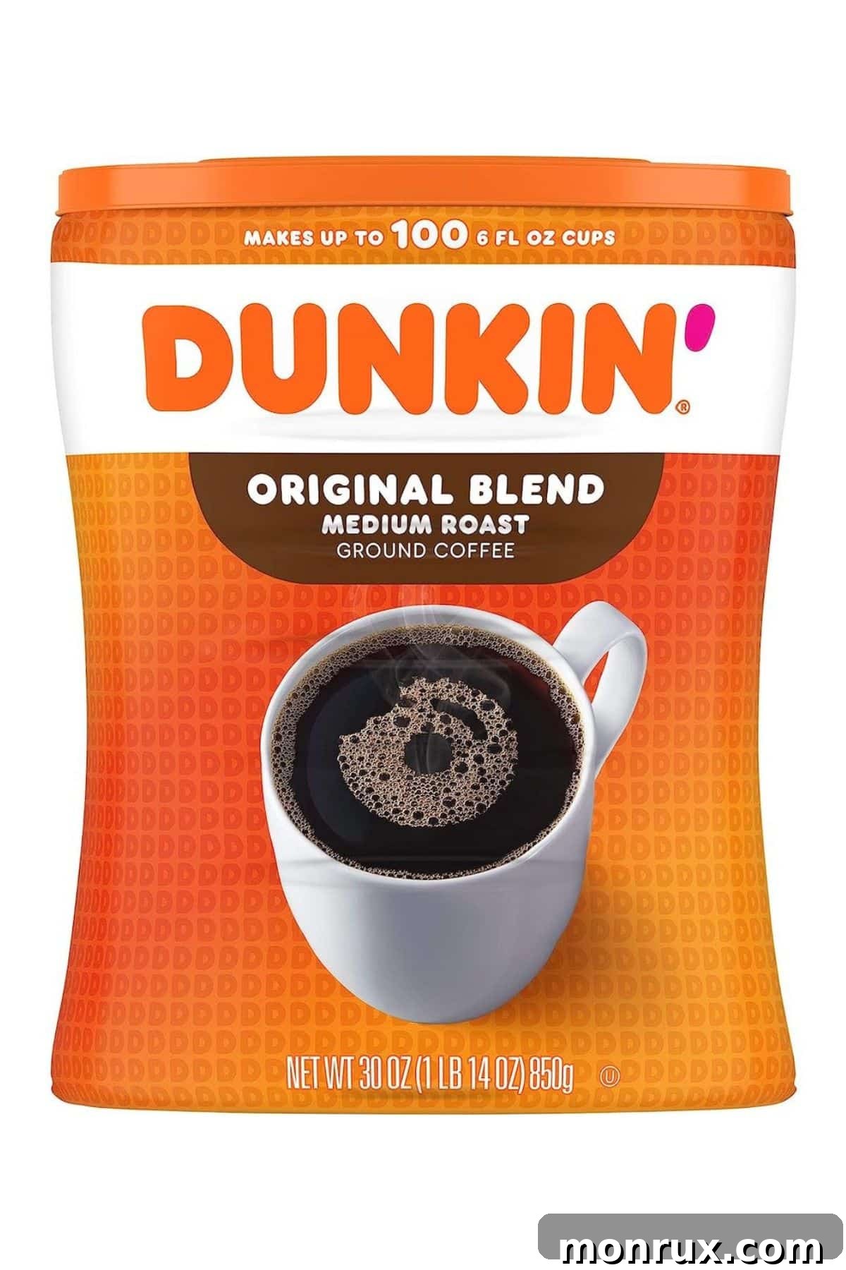A jar of Dunkin' Donuts Coffee in medium roast, prominently displaying its branding and product.