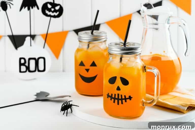 two pumpkin spice mocktails in jack-o-lantern jars, perfect for fall gatherings.