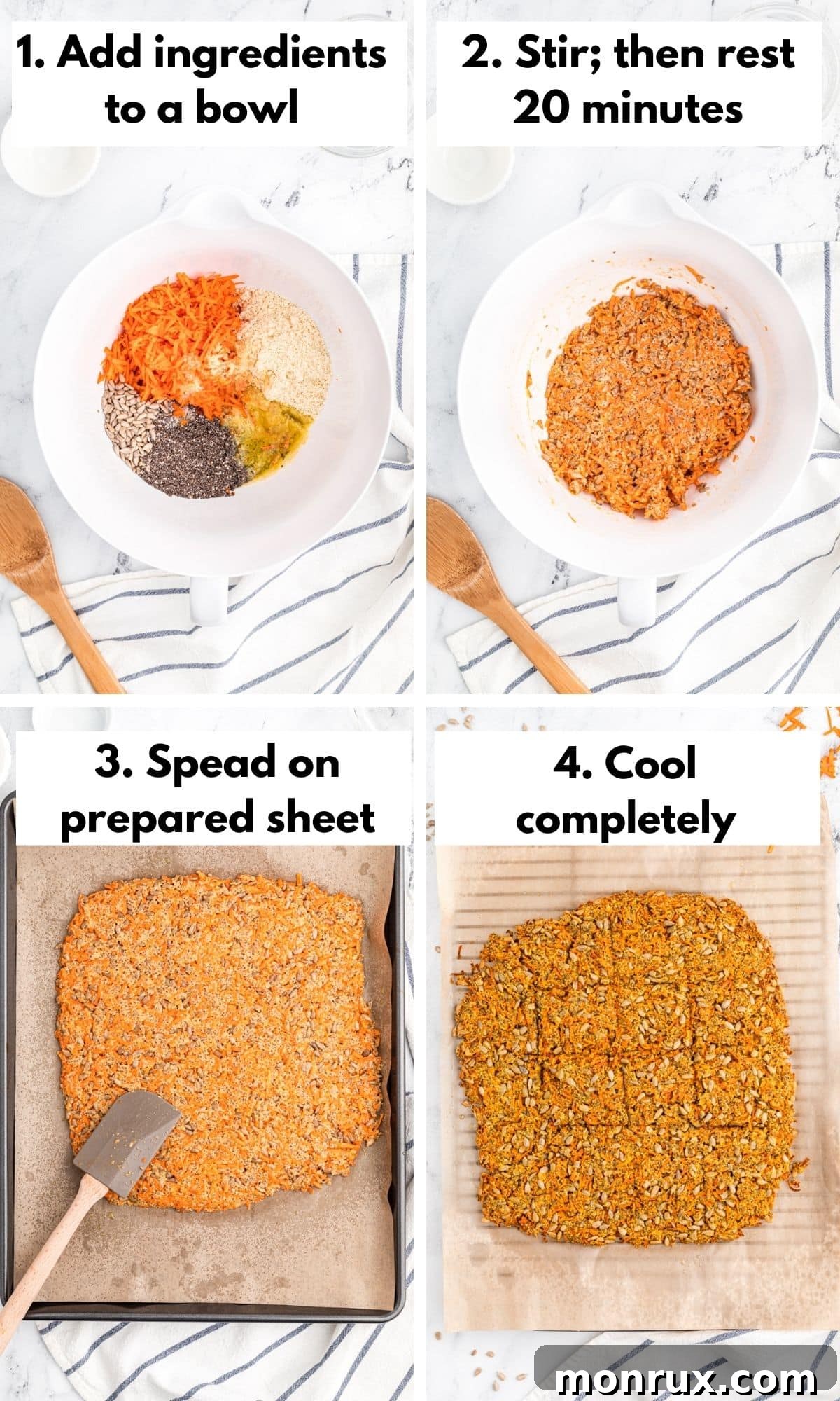 A four-panel collage showing the step-by-step process of making carrot crackers, from mixing to baking.