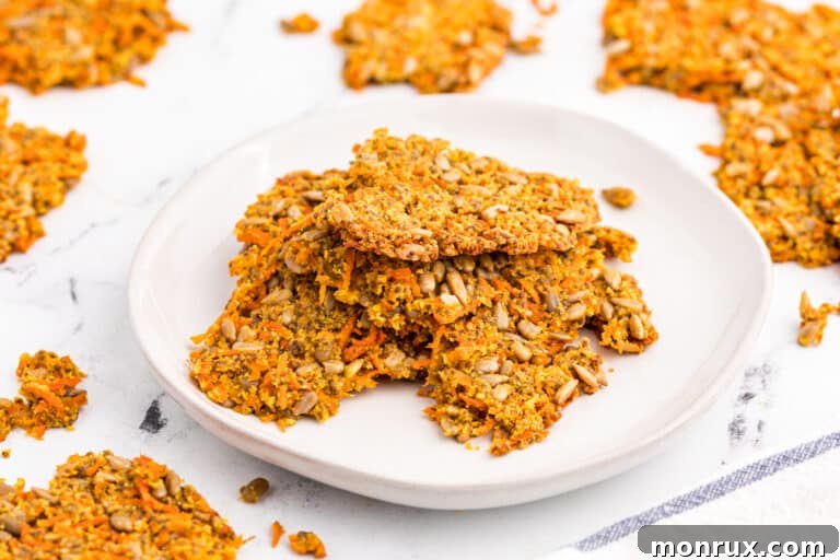 Crispy shredded carrot crackers stacked neatly on a white plate, ready to be served.