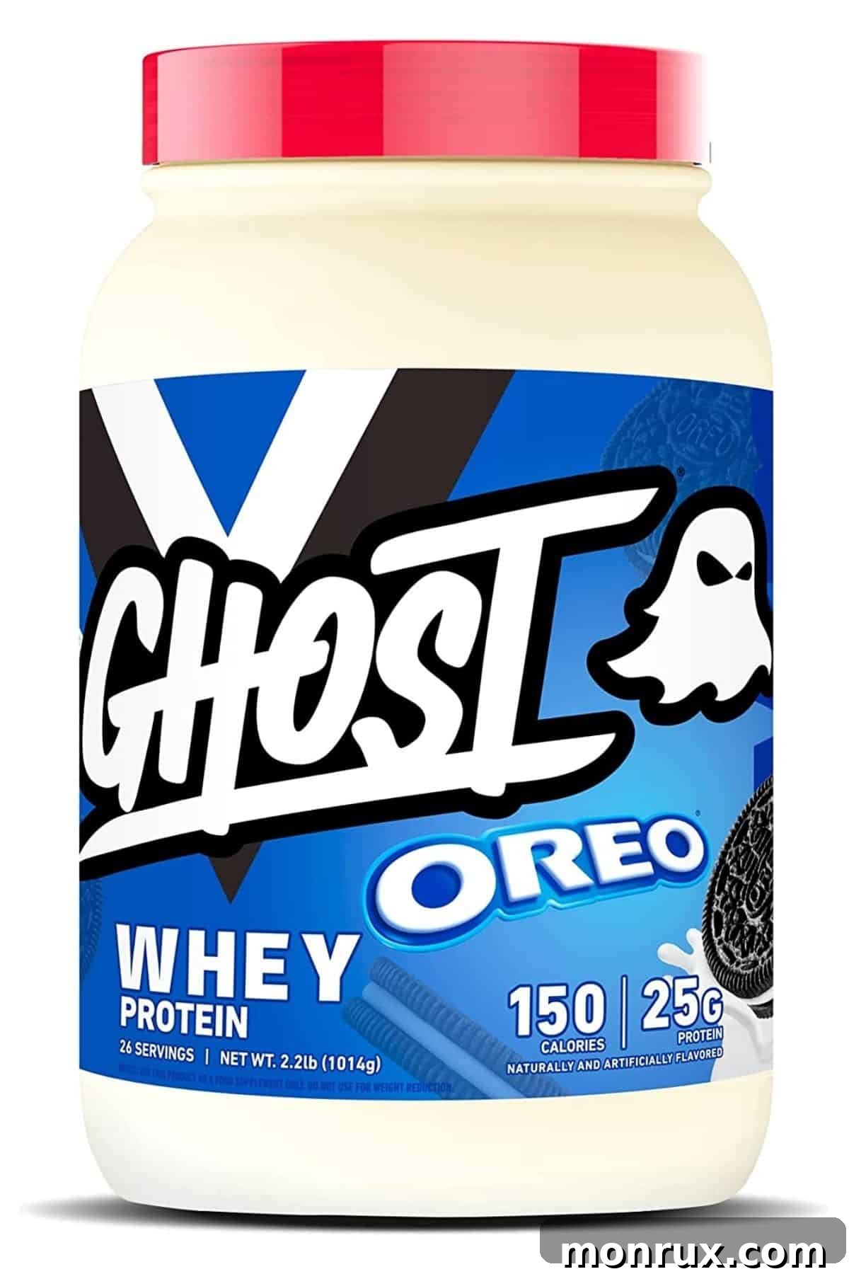 A jar of Ghost Protein in Oreo flavor, alongside other fitness accessories.