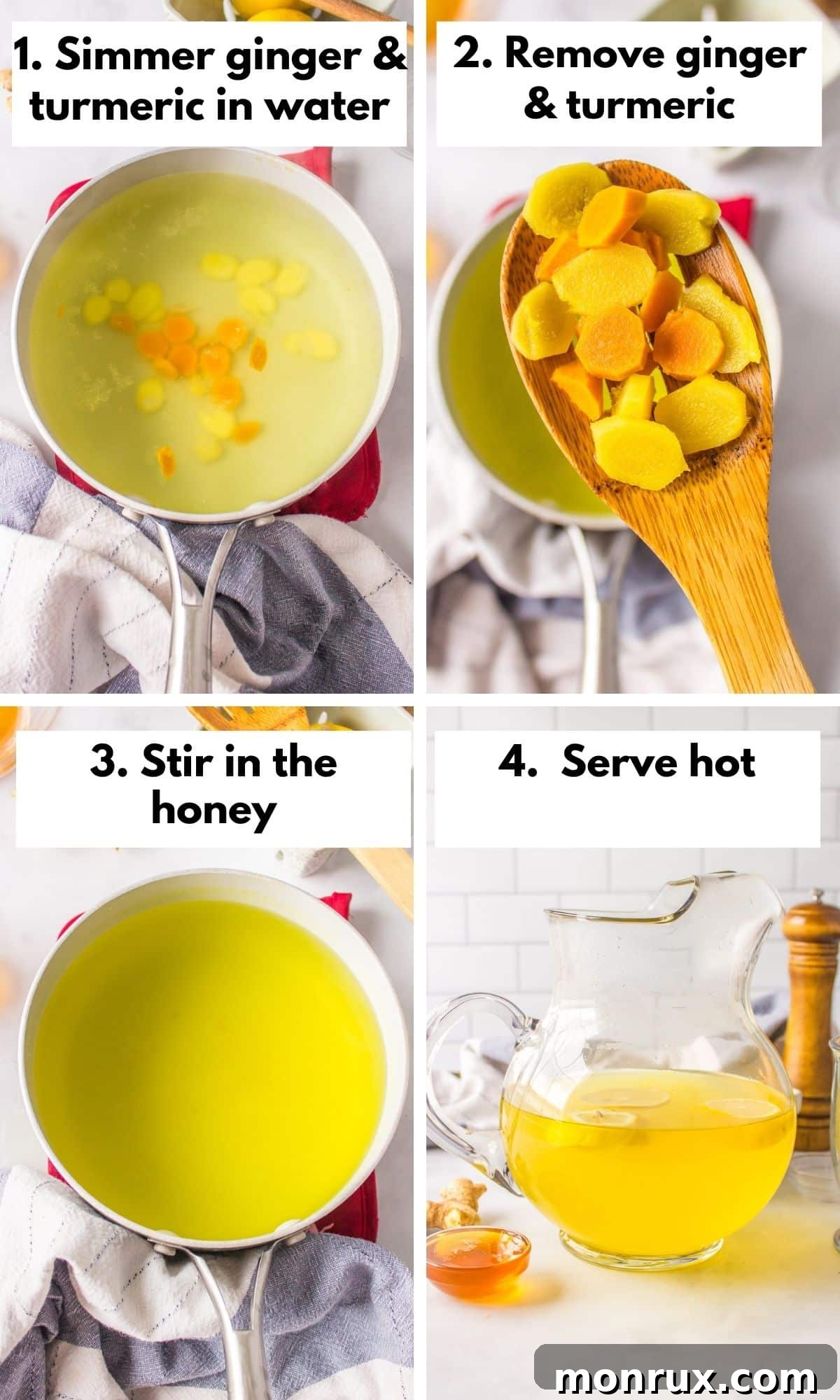 A step-by-step visual collage demonstrating how to prepare Lemon Ginger Turmeric Tea, from slicing to simmering.