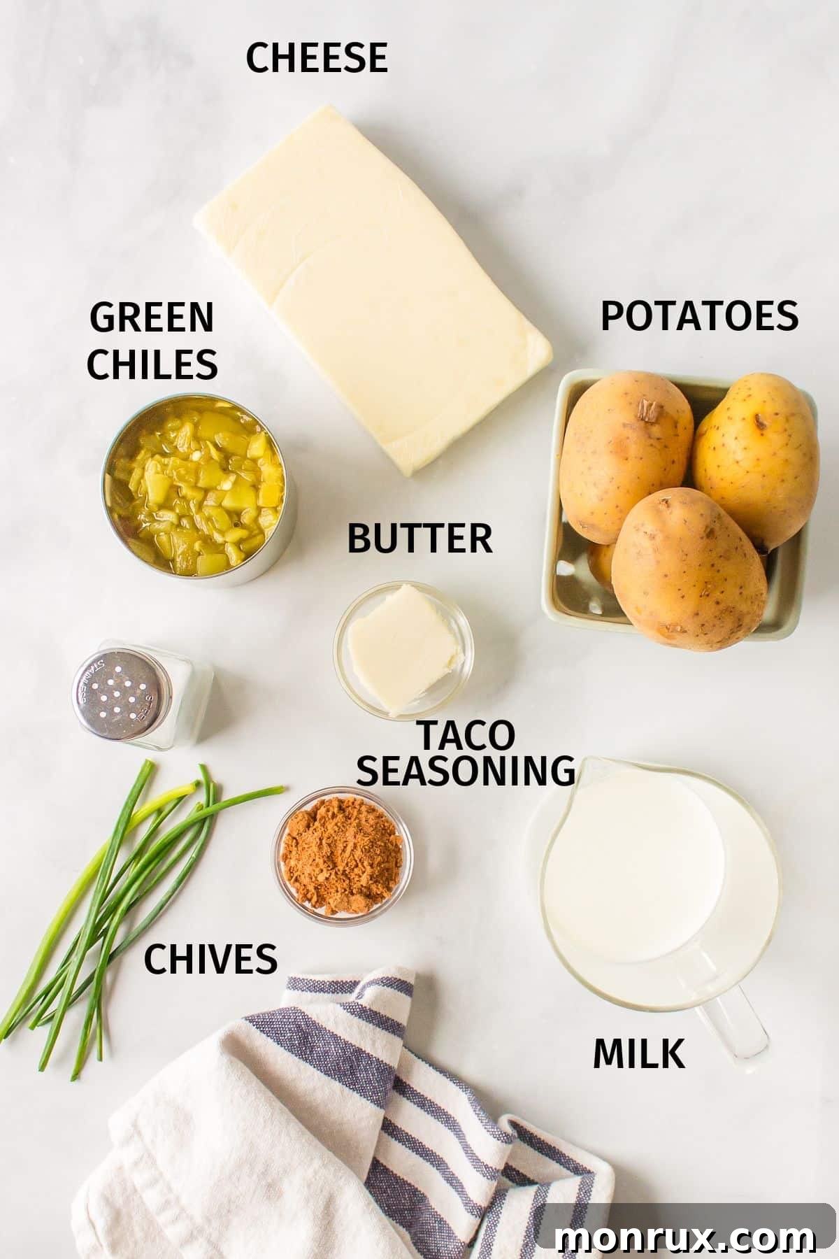 Ingredients for Mexican mashed potatoes laid out on a kitchen counter.