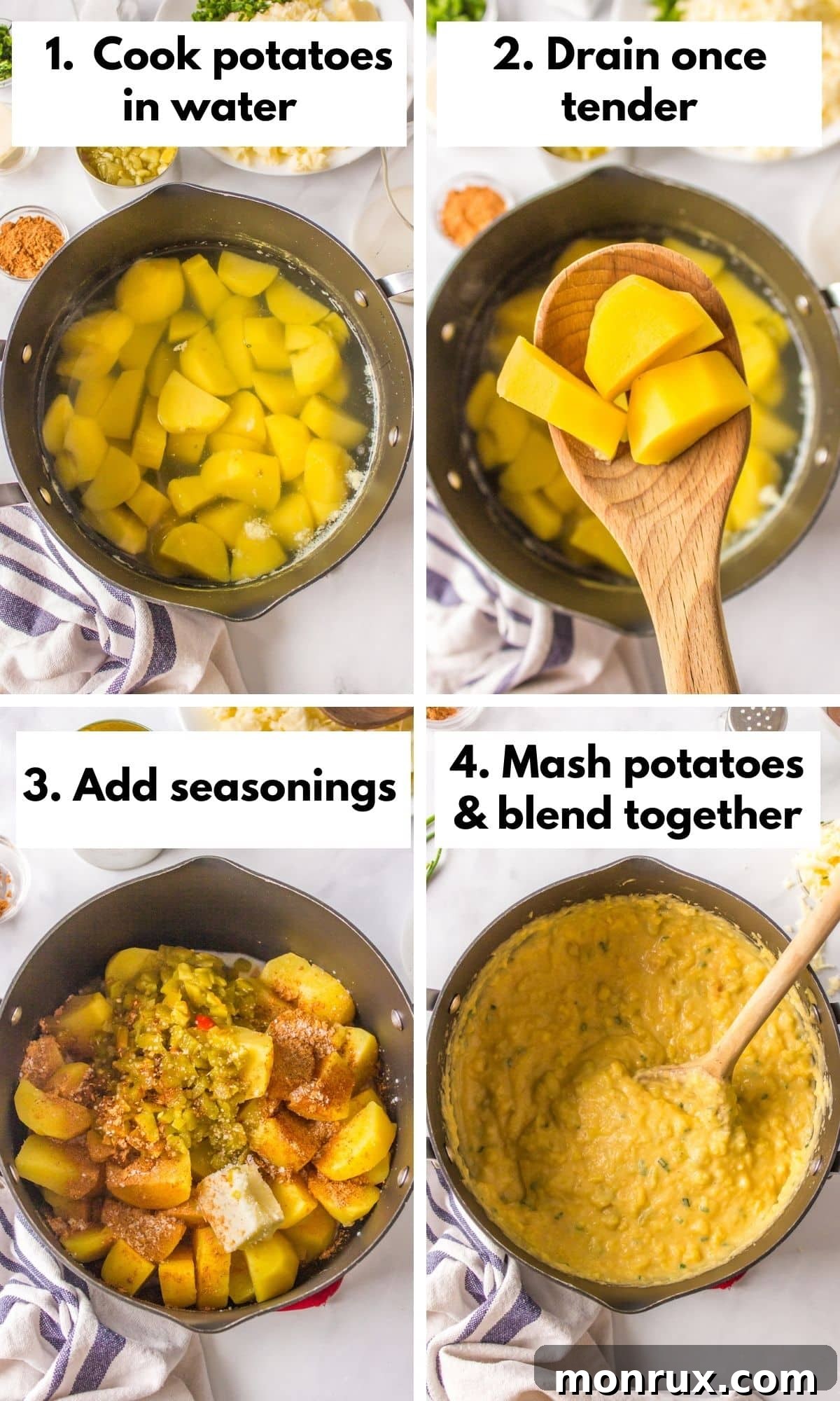 Process images showing the preparation of Mexican mashed potatoes, from boiling to mashing.