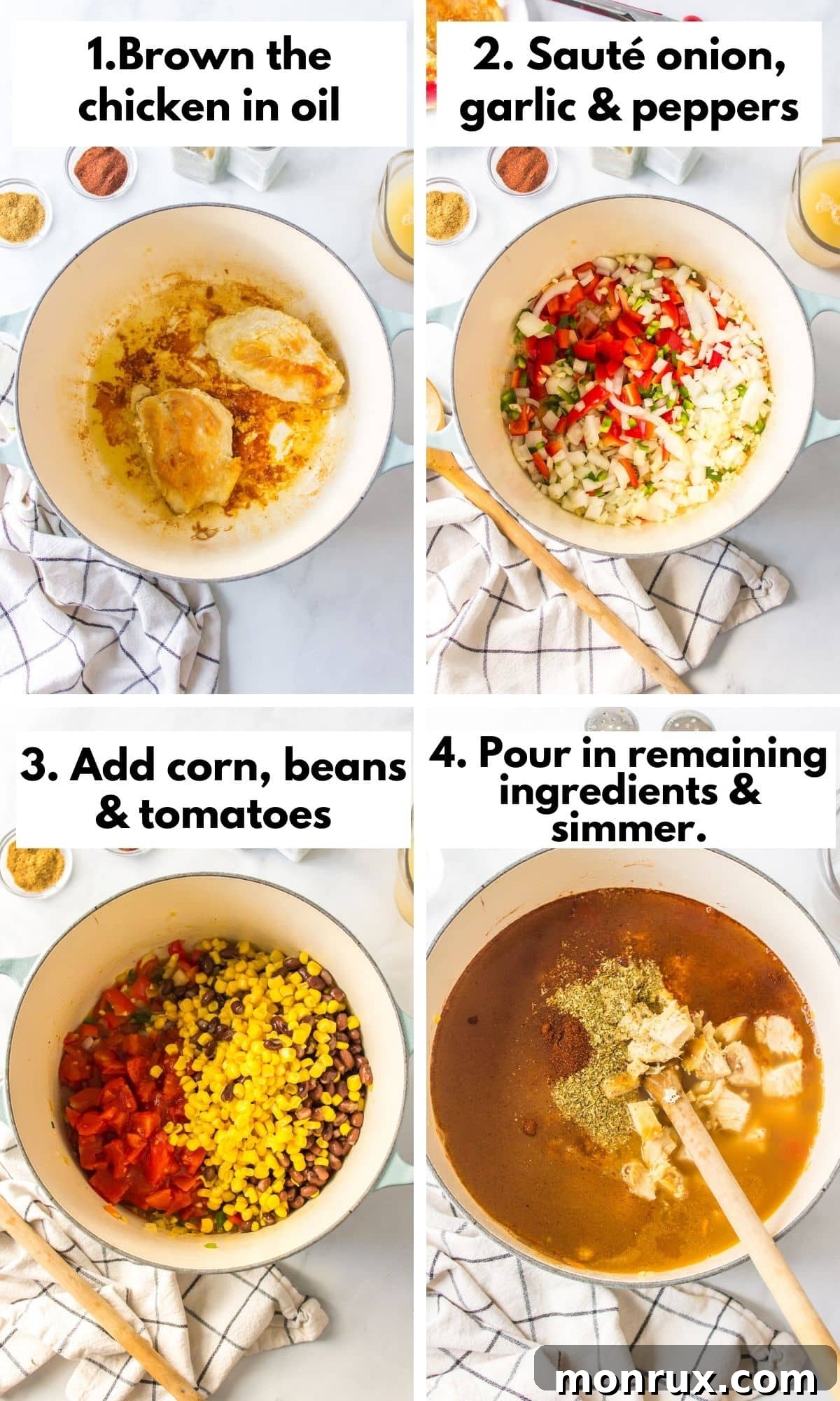 Visual steps illustrating the cooking process for Panera chicken tortilla soup, from browning chicken to simmering ingredients.