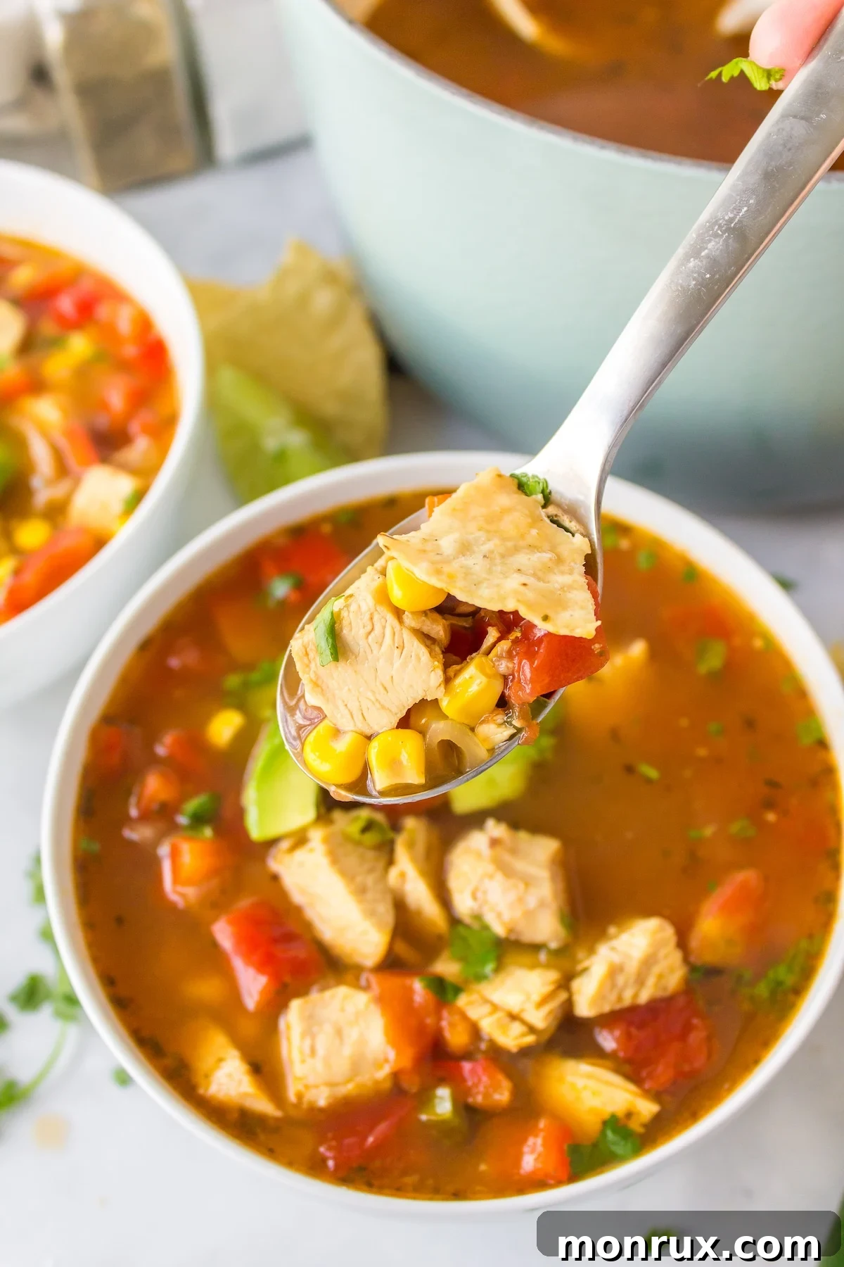 A close-up of Panera chicken tortilla soup with a spoon, highlighting the rich broth and shredded chicken.