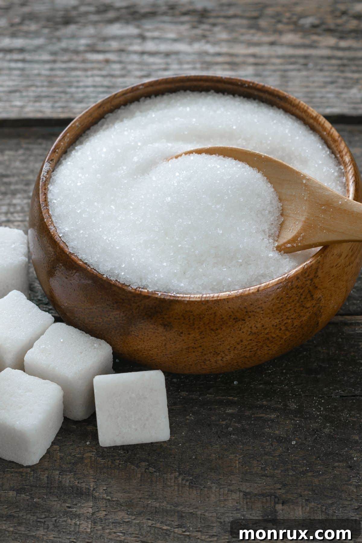 A wooden bowl of sugar next to sugar cubes.