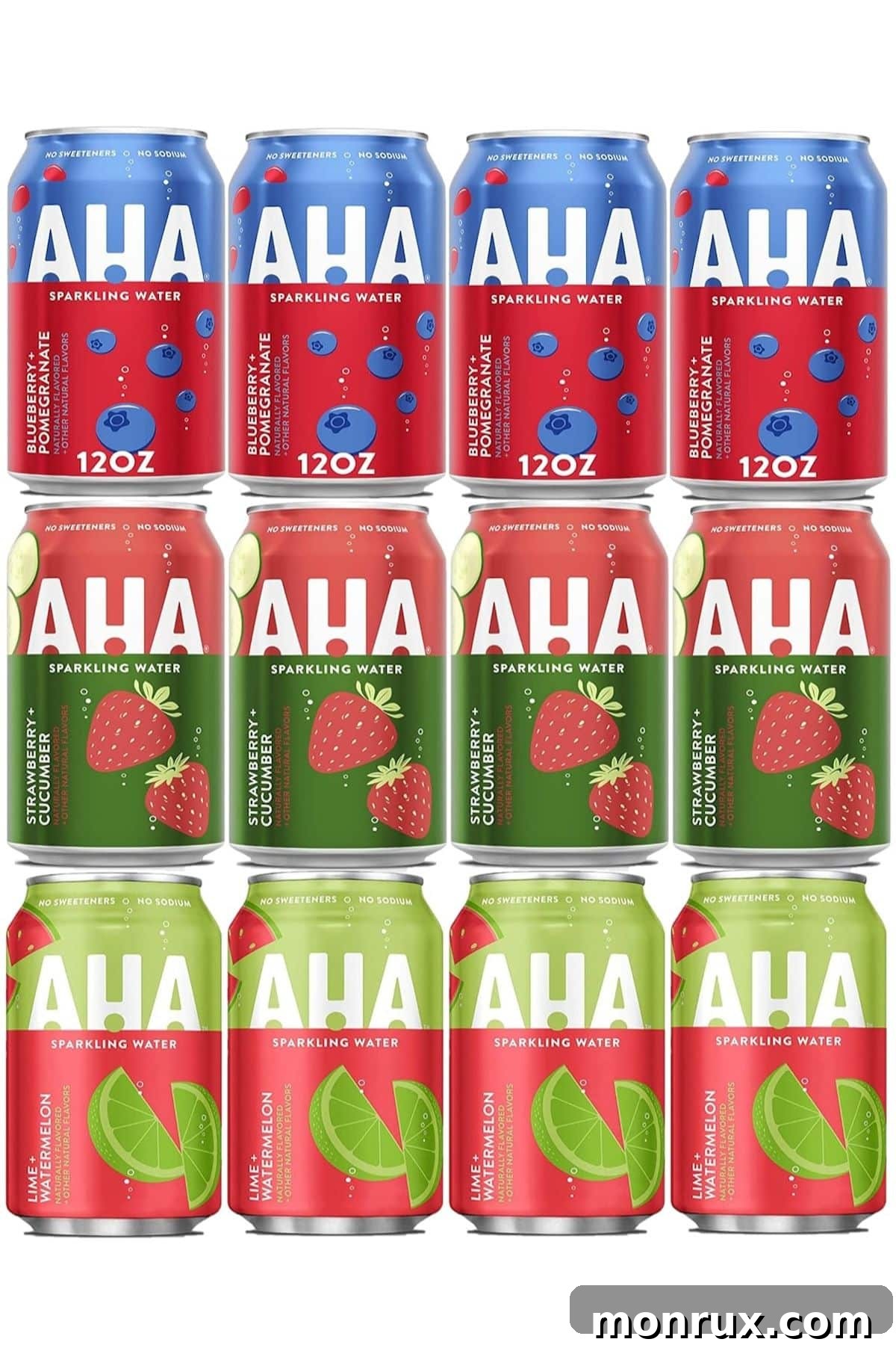 A vibrant selection of AHA sparkling water cans, showcasing various fruity flavor combinations.