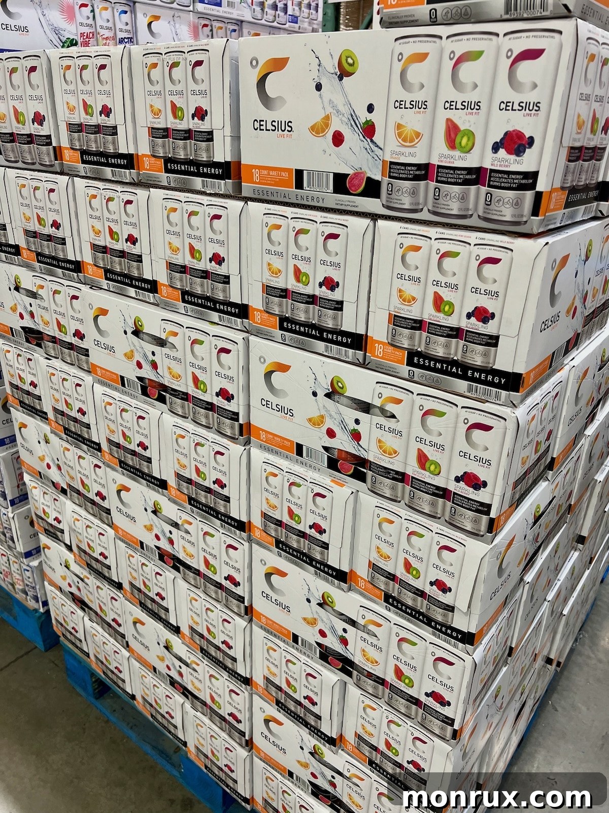 stacks of celsius energy drinks at costco.