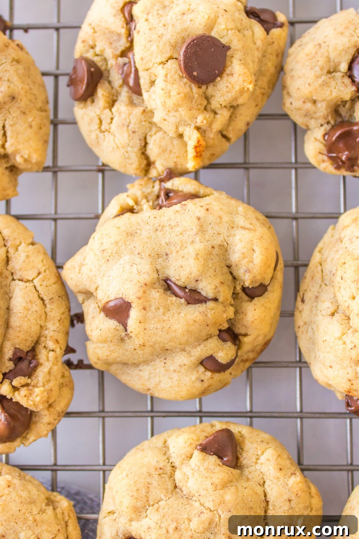 Freshly baked chocolate chip cookies without butter cooling on a wire rack, ready to be enjoyed.