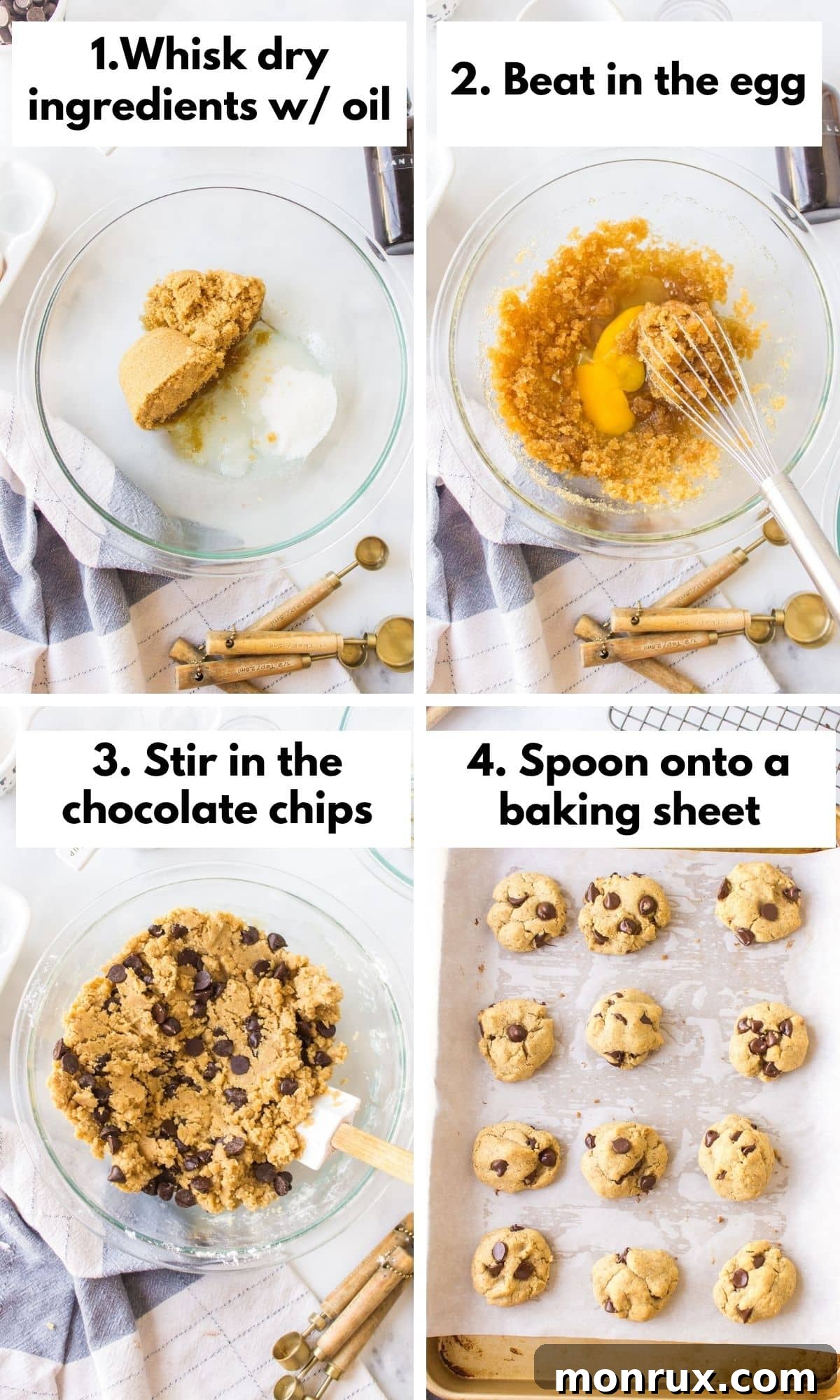 A visual guide showing the progression of baking chocolate chip cookies without butter, from dough preparation to perfectly baked treats.