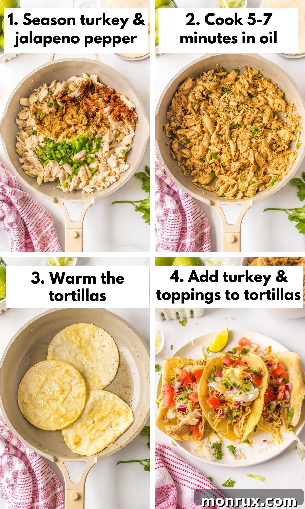 A step-by-step visual guide showing the process of cooking leftover turkey and assembling tacos, from seasoning the meat to warming the tortillas and adding fresh toppings.