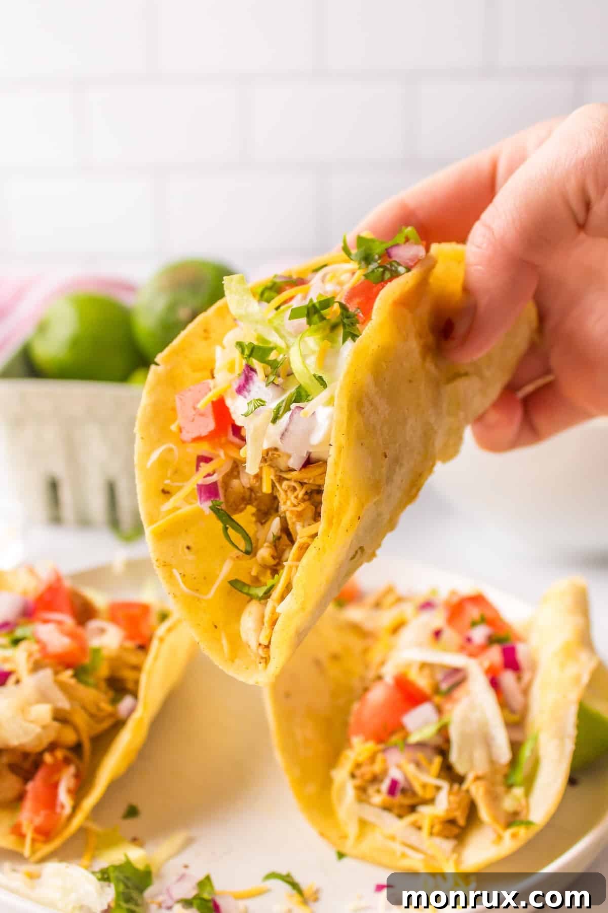 A hand holding a perfectly crafted leftover turkey taco, showcasing the generous filling of seasoned turkey, fresh toppings, and a hint of sour cream, against a blurred background.