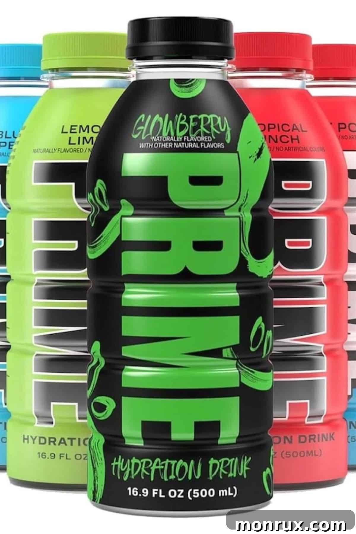 A vibrant display of Prime Drink bottles in various flavors, showcasing the brand's popular range.