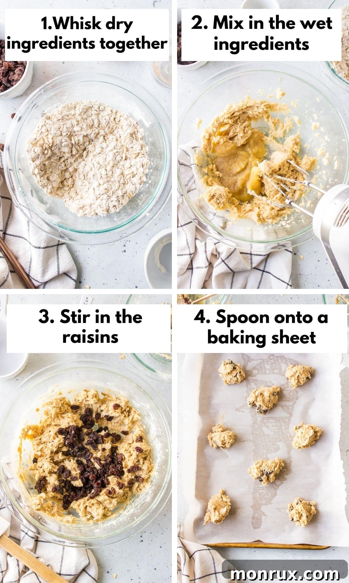 A visual guide showing the process of mixing ingredients and shaping dough for oatmeal cookies without eggs.