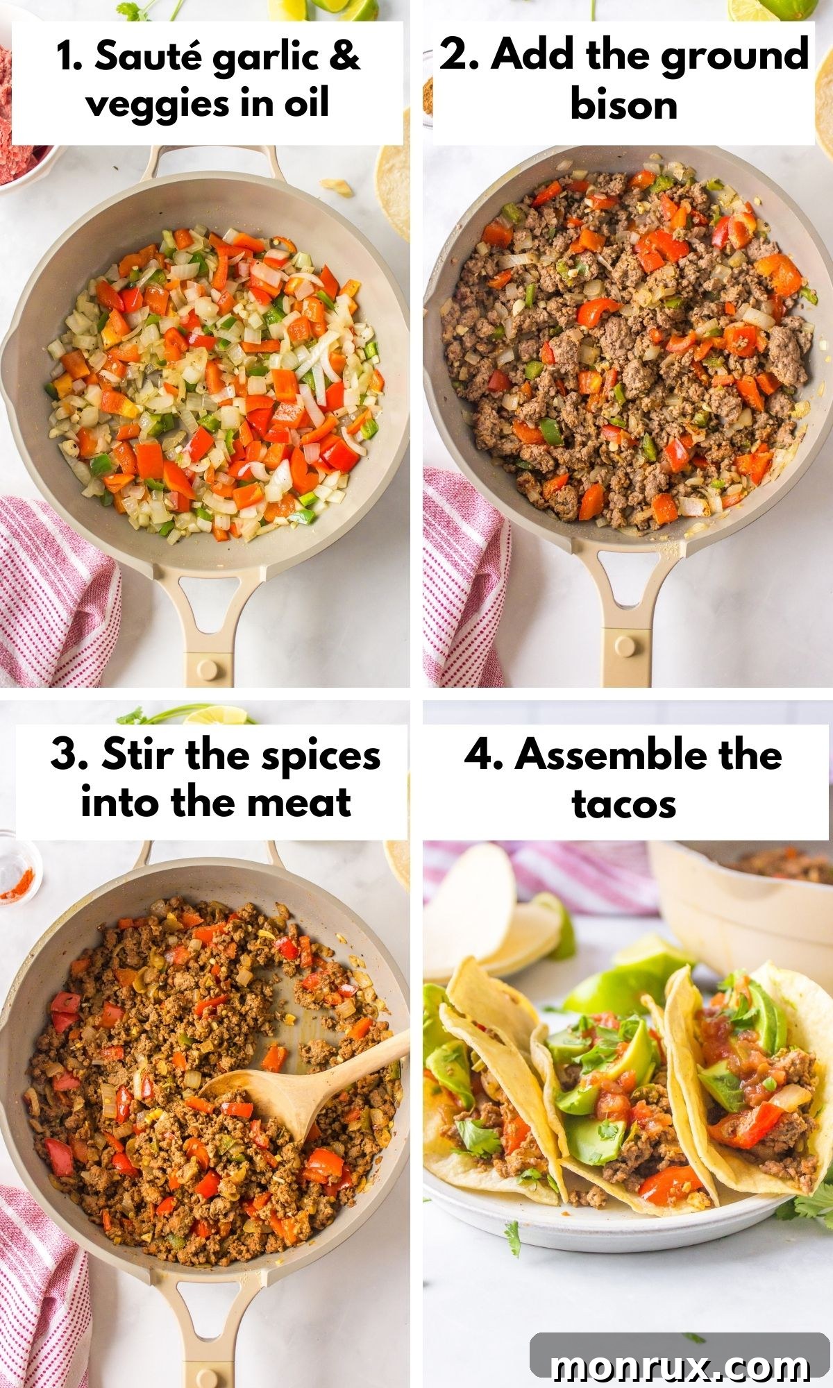 the process for making ground bison tacos, showing ingredients cooking in a skillet.