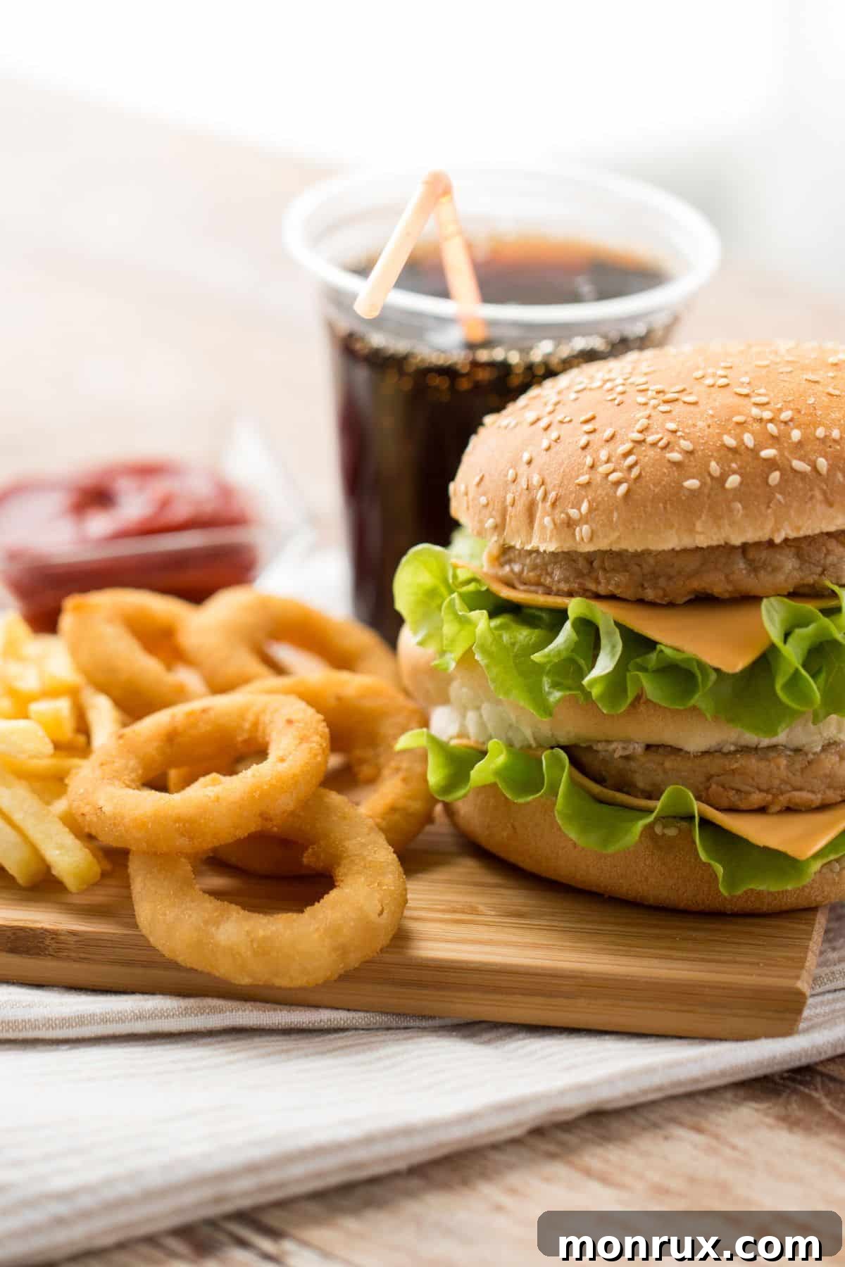 a platter holding a cheeseburger, onion rings and french fries.