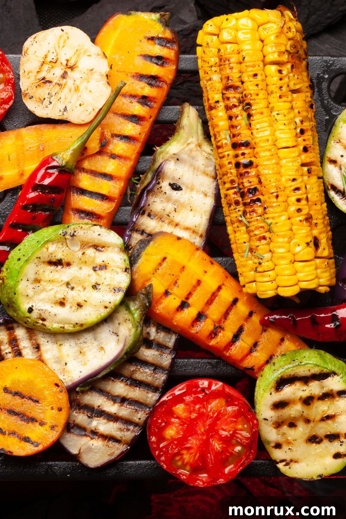A vibrant assortment of various vegetables, including bell peppers, zucchini, onions, and mushrooms, cooking on a sizzling outdoor grill, showing appealing char marks.