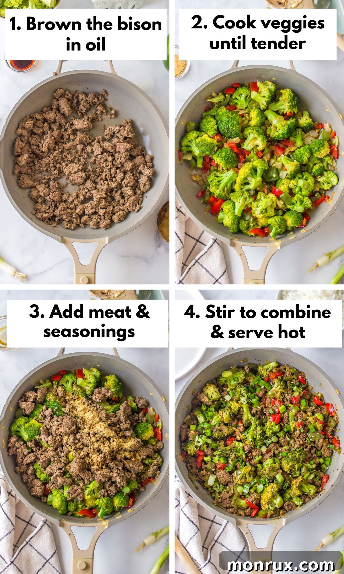 A step-by-step visual guide to preparing ground bison stir-fry, showing the browning of meat and sautéing of vegetables.