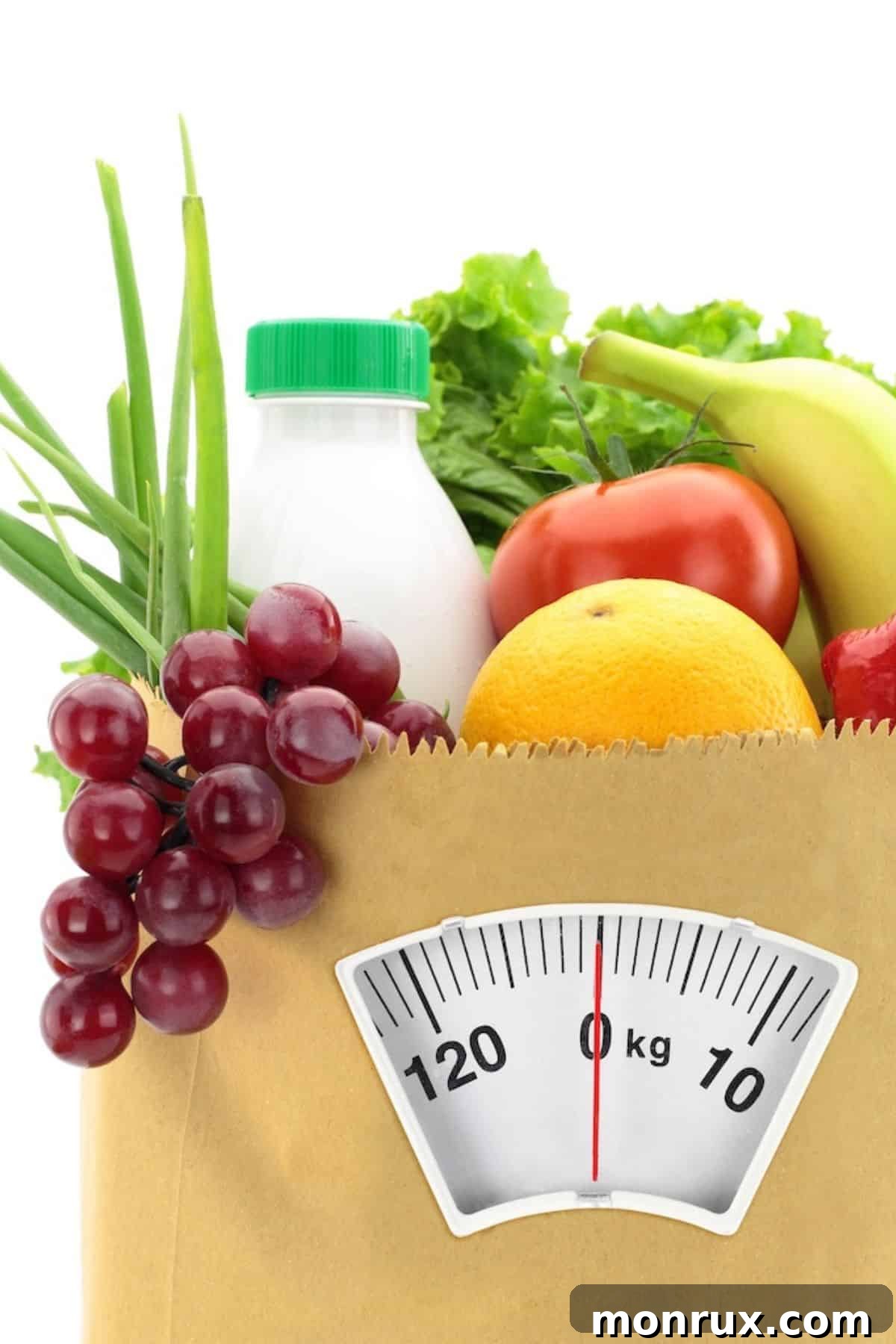 shopping bag with healthy fruits and veg and scale.