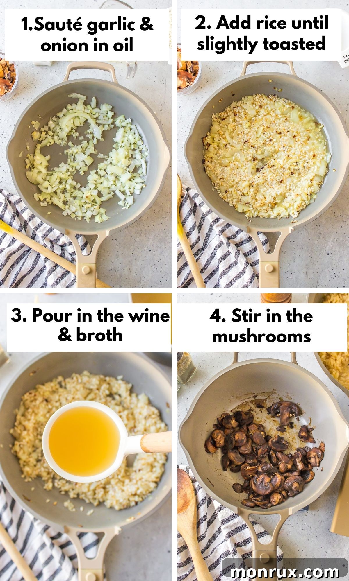 A visual progression of steps for making gluten-free mushroom risotto, showing ingredients being sautéed and broth being added.