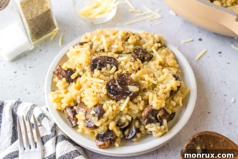 A bowl of creamy gluten-free mushroom risotto, ready to be served.