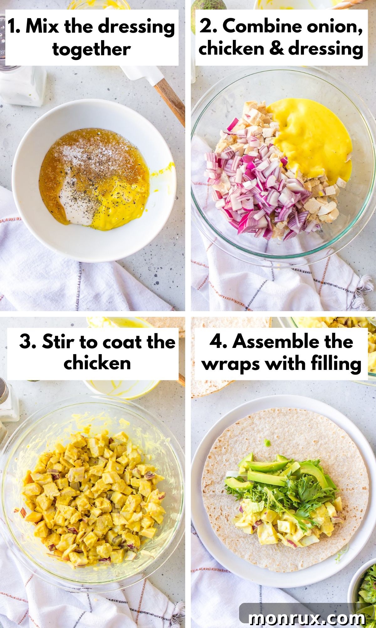 A step-by-step visual guide showing how to prepare the honey mustard dressing, mix it with cubed chicken and onion, and then assemble the wraps with lettuce and avocado.