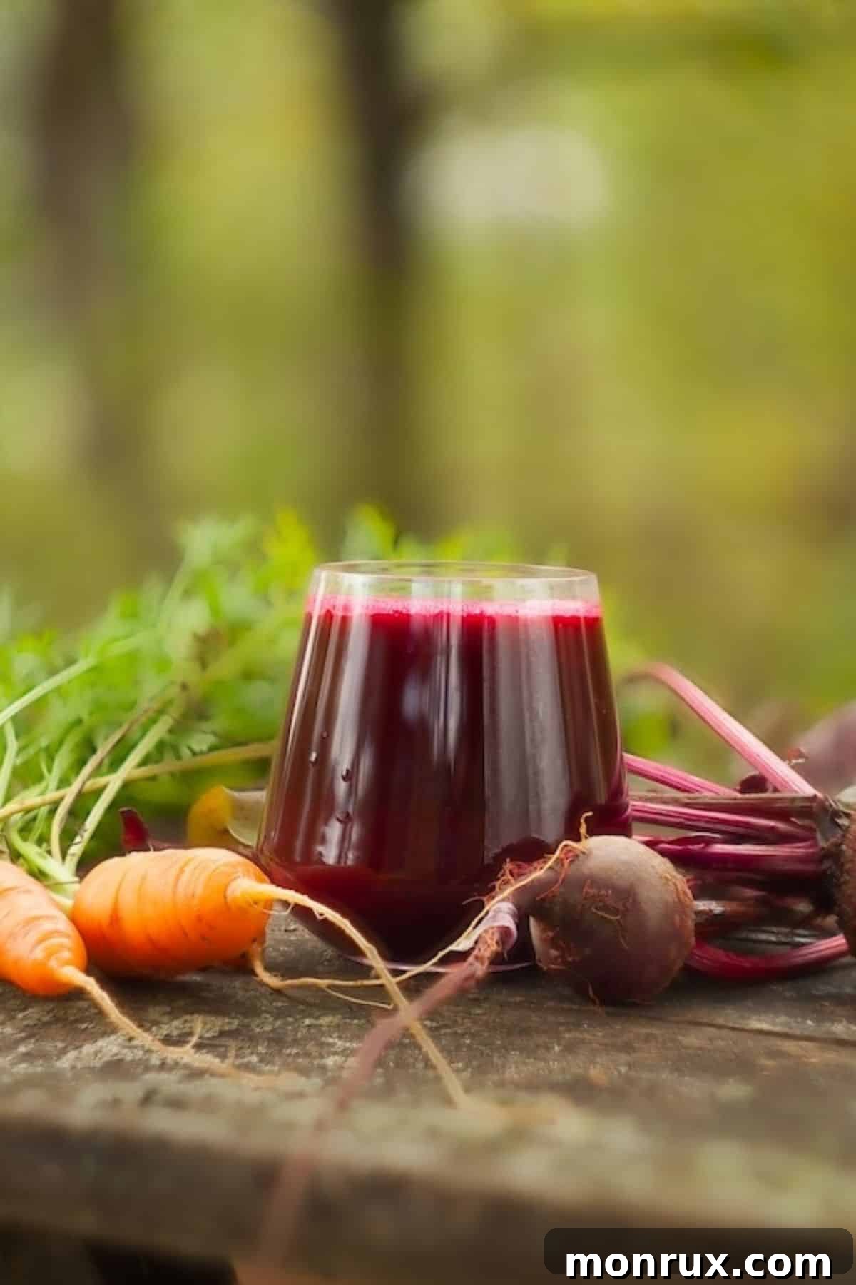 Freshly prepared carrot beetroot juice on a rustic wooden table, garnished with a sliced beetroot and carrots.