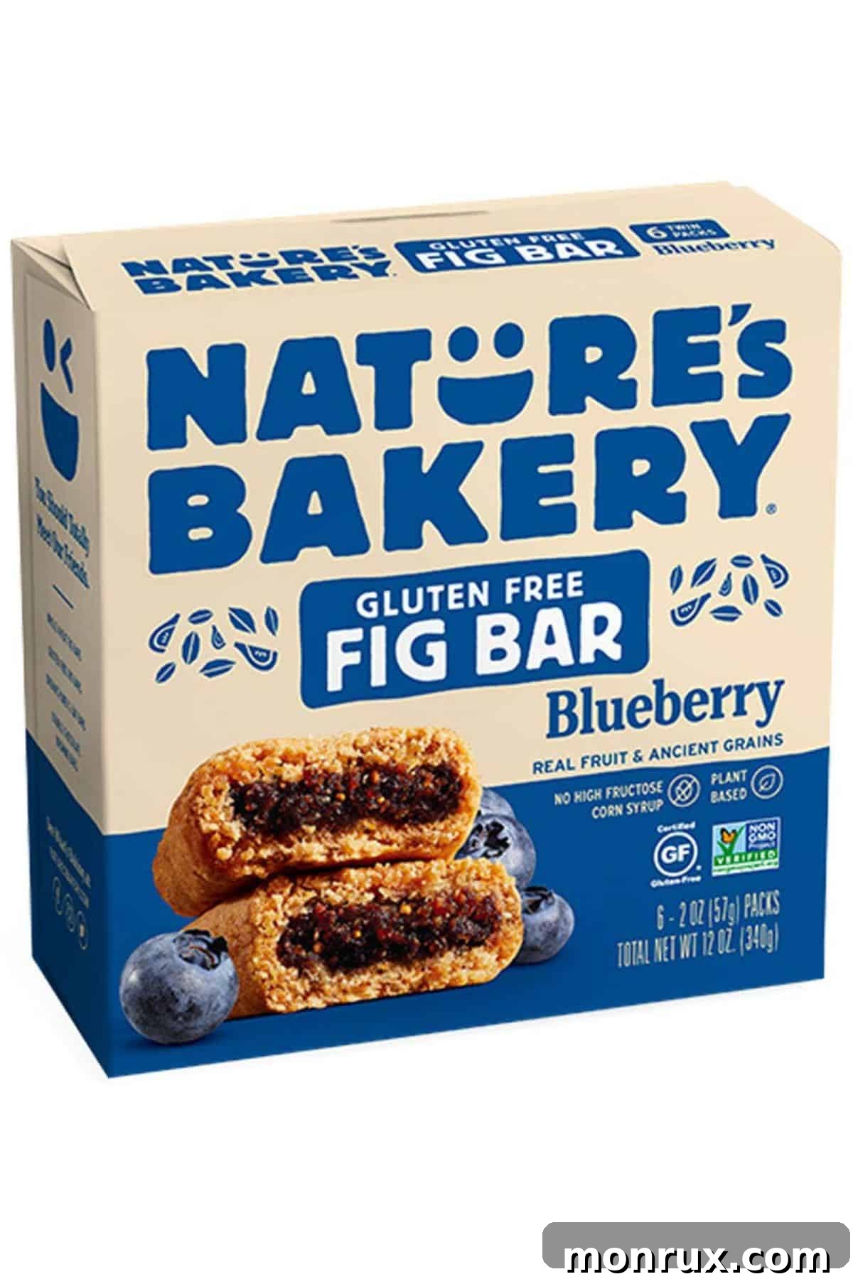 a box of Nature's Bakery fig bars. A colorful box of Nature's Bakery Fig Bars, featuring vibrant illustrations of figs and other fruits, suggesting a wholesome and fruity snack. The packaging emphasizes natural ingredients.