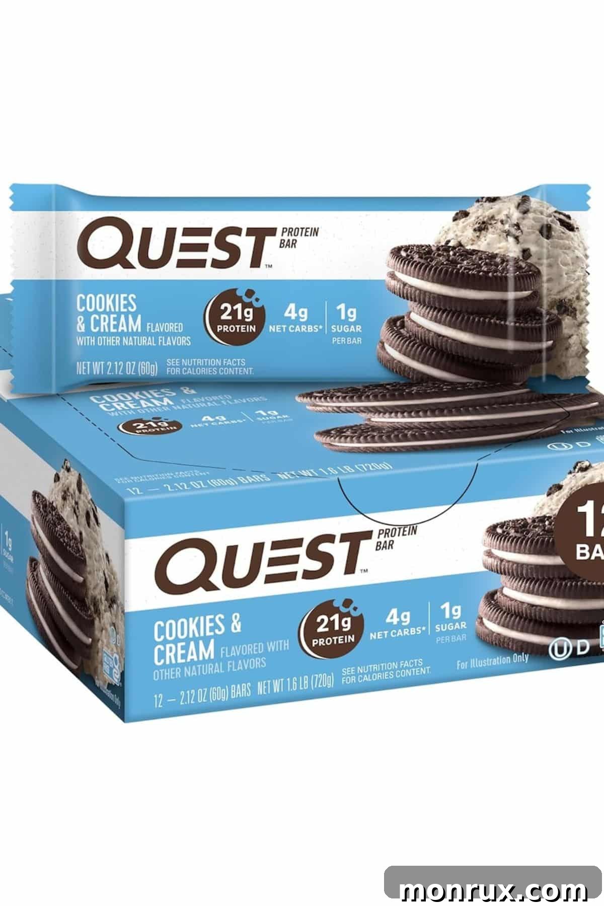 A Cookies and Cream Quest bar rests on its box, highlighting the popular protein snack's appeal.