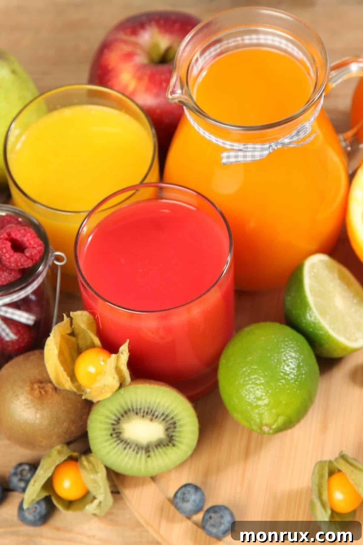 Colorful selection of fresh fruit juices on a table, showcasing a vibrant array of healthy beverages.