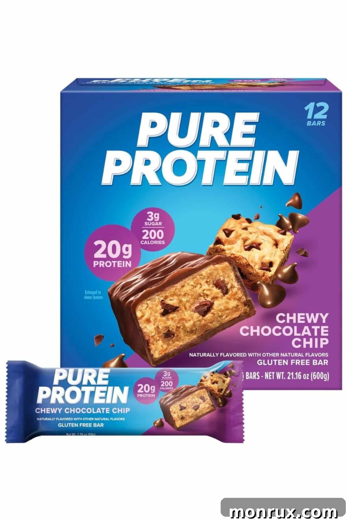 A box of Chewy Chocolate Chip Pure Protein Bars with an individual bar in front, illustrating the product packaging and a single bar.