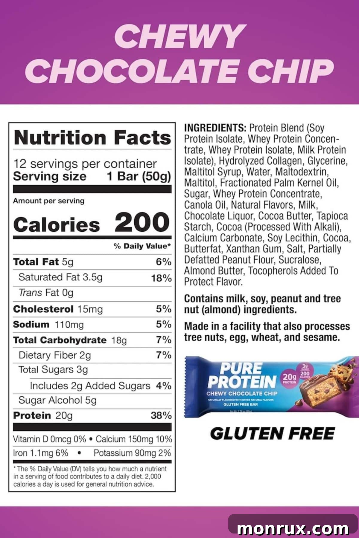The detailed nutrition label for Chewy Chocolate Chip Pure Protein Bars, displaying ingredients, macronutrients, and allergen information.