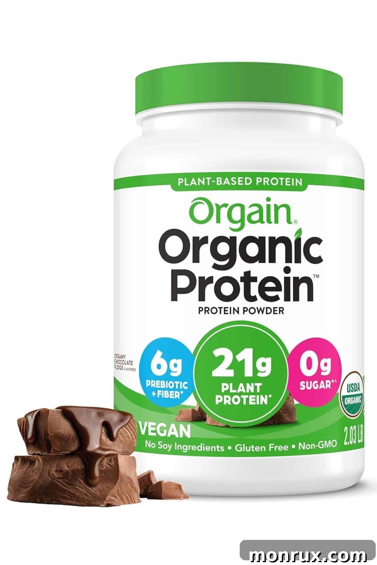 A jar of chocolate Orgain Protein powder, symbolizing healthy and clean nutrition choices.