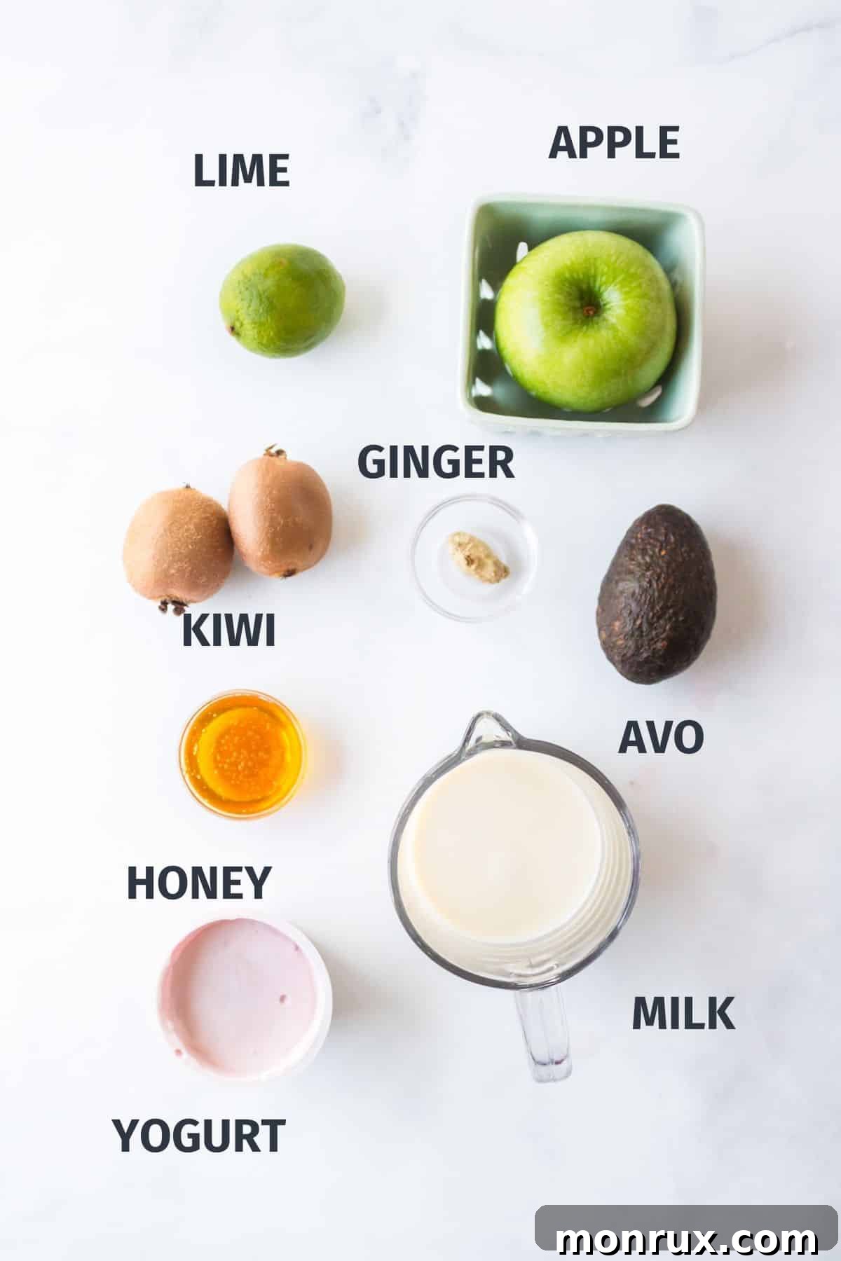 ingredients with labels for gut health smoothie.