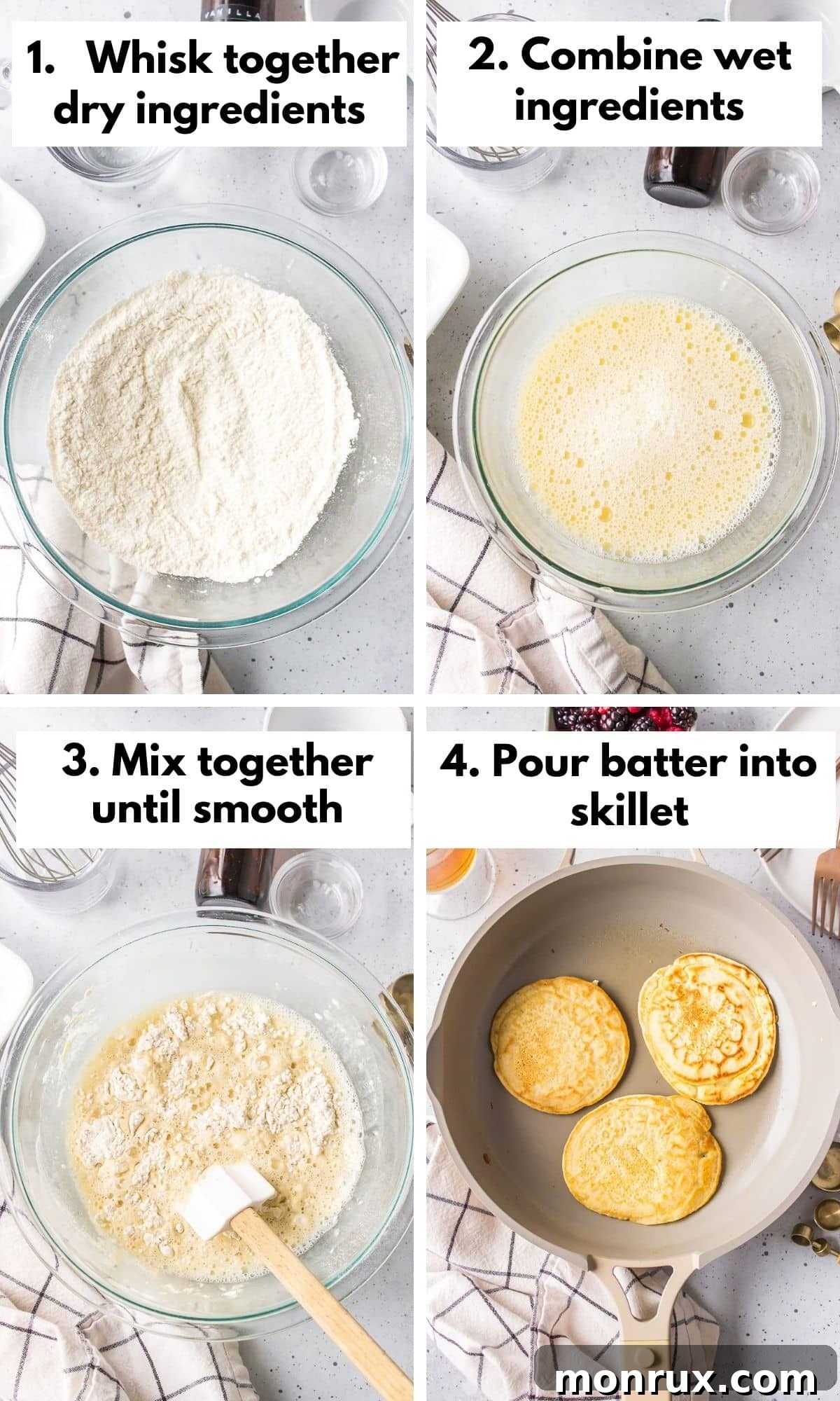 A visual guide depicting the sequential process of preparing pancakes without milk, from mixing ingredients to cooking on a griddle, showing the simplicity and ease of the recipe.