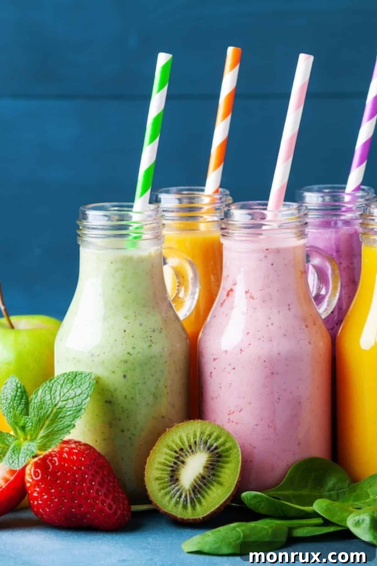 A vibrant display of colorful fruit smoothies artfully arranged on a wooden table, surrounded by an assortment of fresh fruits like berries, bananas, and citrus. The scene evokes freshness and health, highlighting the natural ingredients used in the beverages, perfect for a gut-healthy lifestyle.