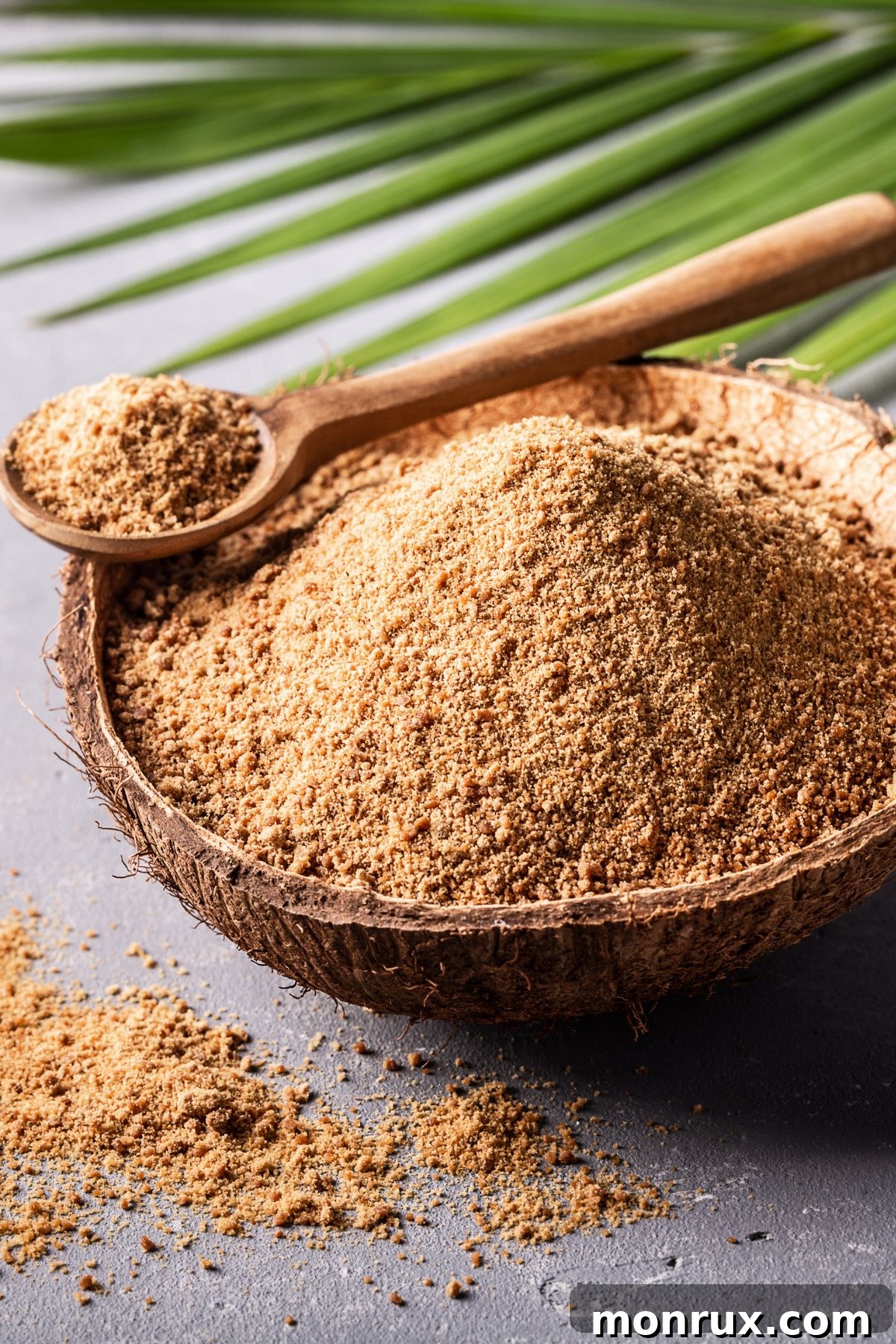A bowl of granulated coconut sugar with a small wooden scoop, showcasing its natural brown color and fine texture on a kitchen counter.