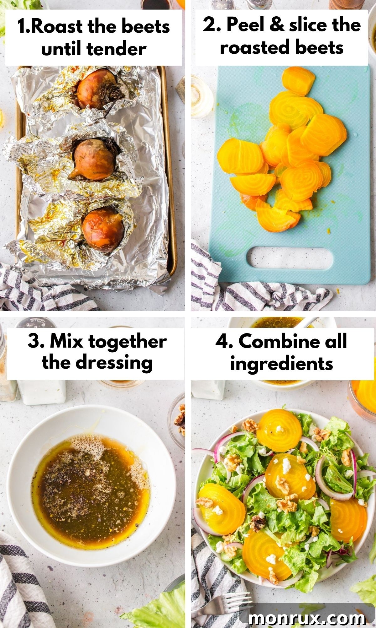 Process shots for making golden beet salad, showing roasted beets and dressing preparation.