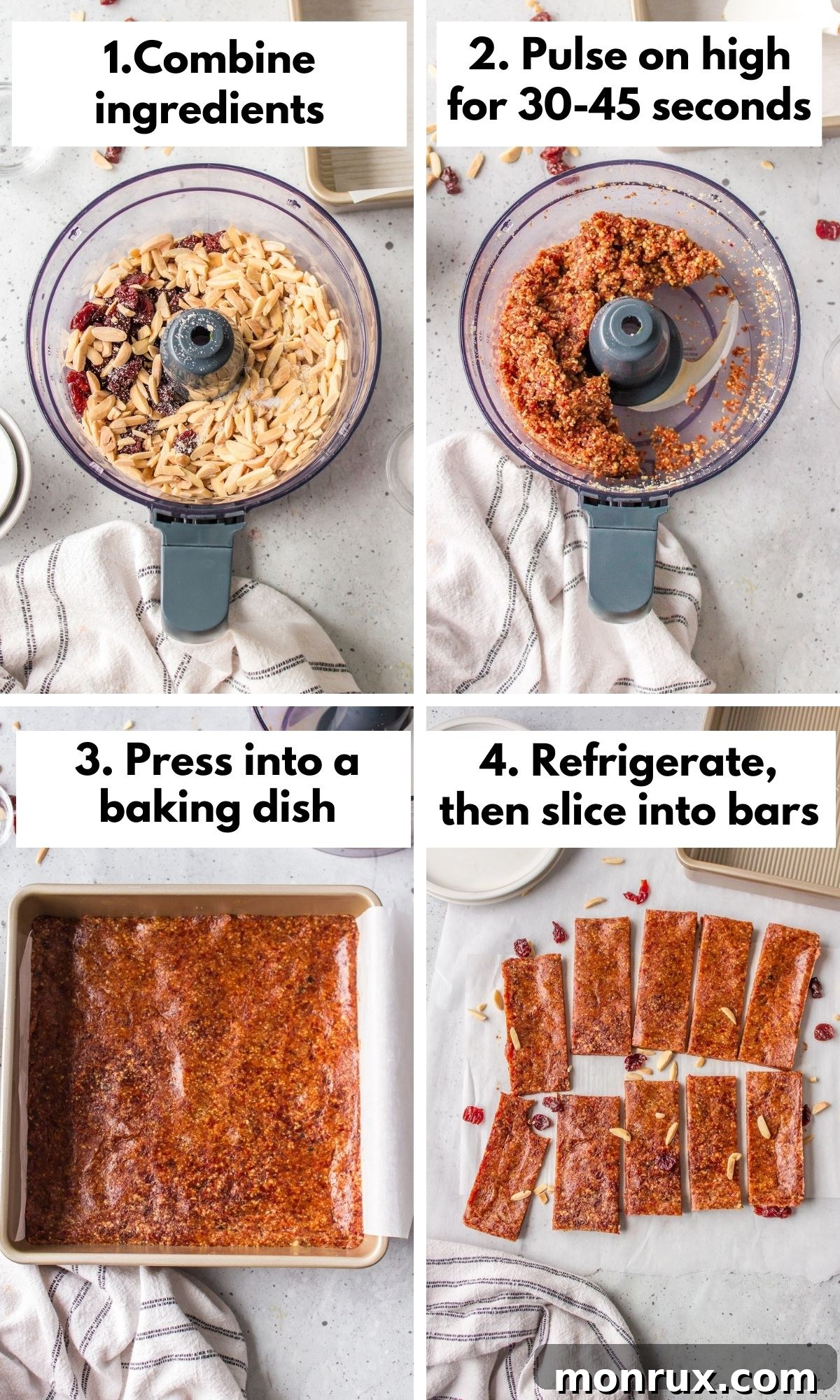 A visual guide showing the process of mixing ingredients for cherry almond bars in a food processor and pressing them into a dish.