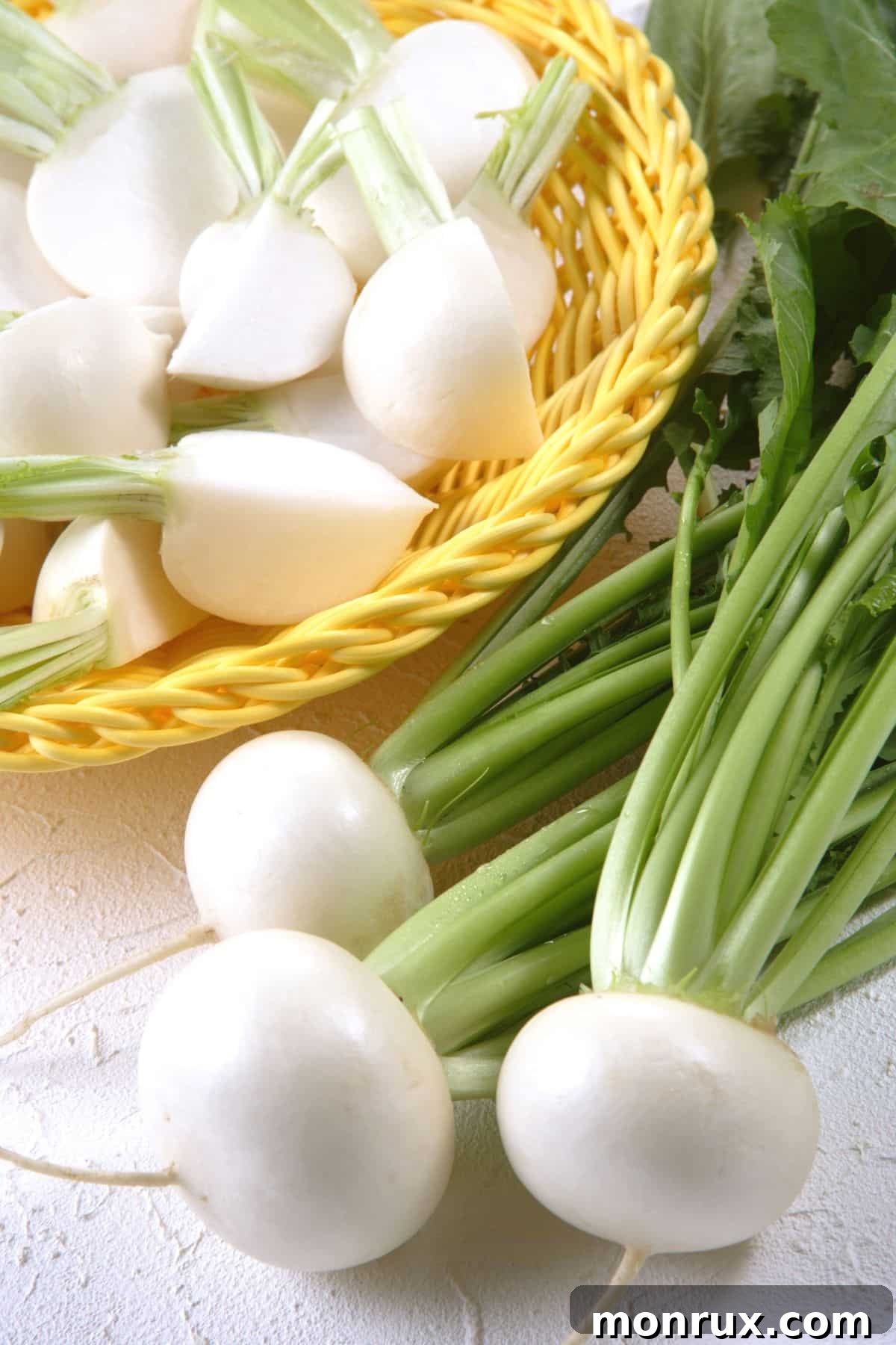 Fresh turnips on a rustic kitchen countertop, ready for use.