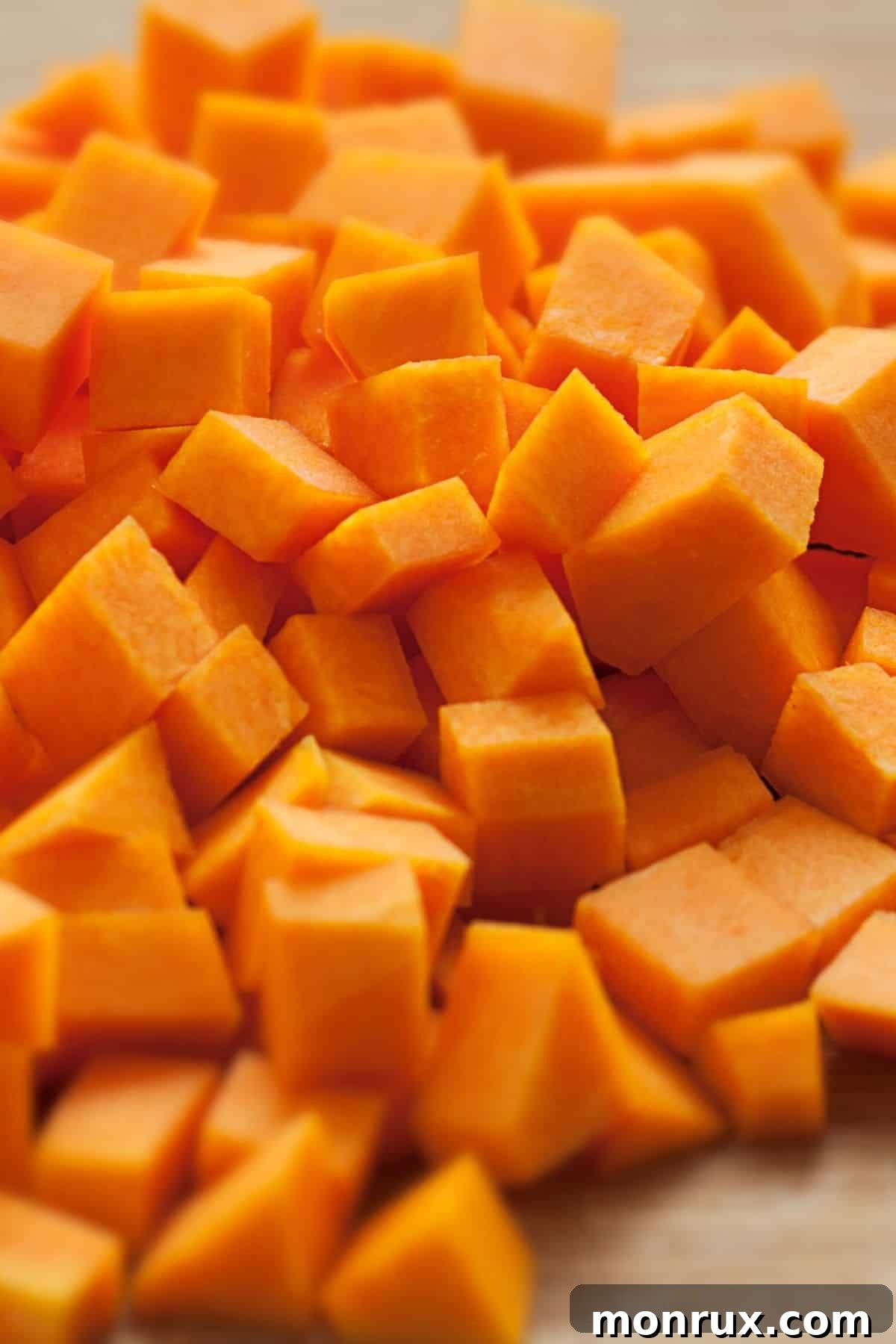 Diced butternut squash cubes in a bowl.