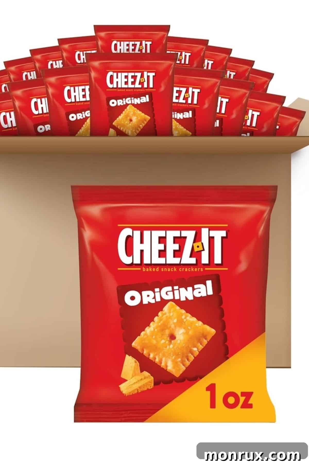 A box and individual bags of Cheez-It crackers, highlighting their common packaging and appeal as a snack.